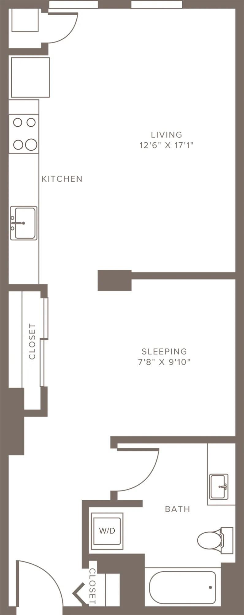 611 square foot one bedroom one bath apartment floorplan image