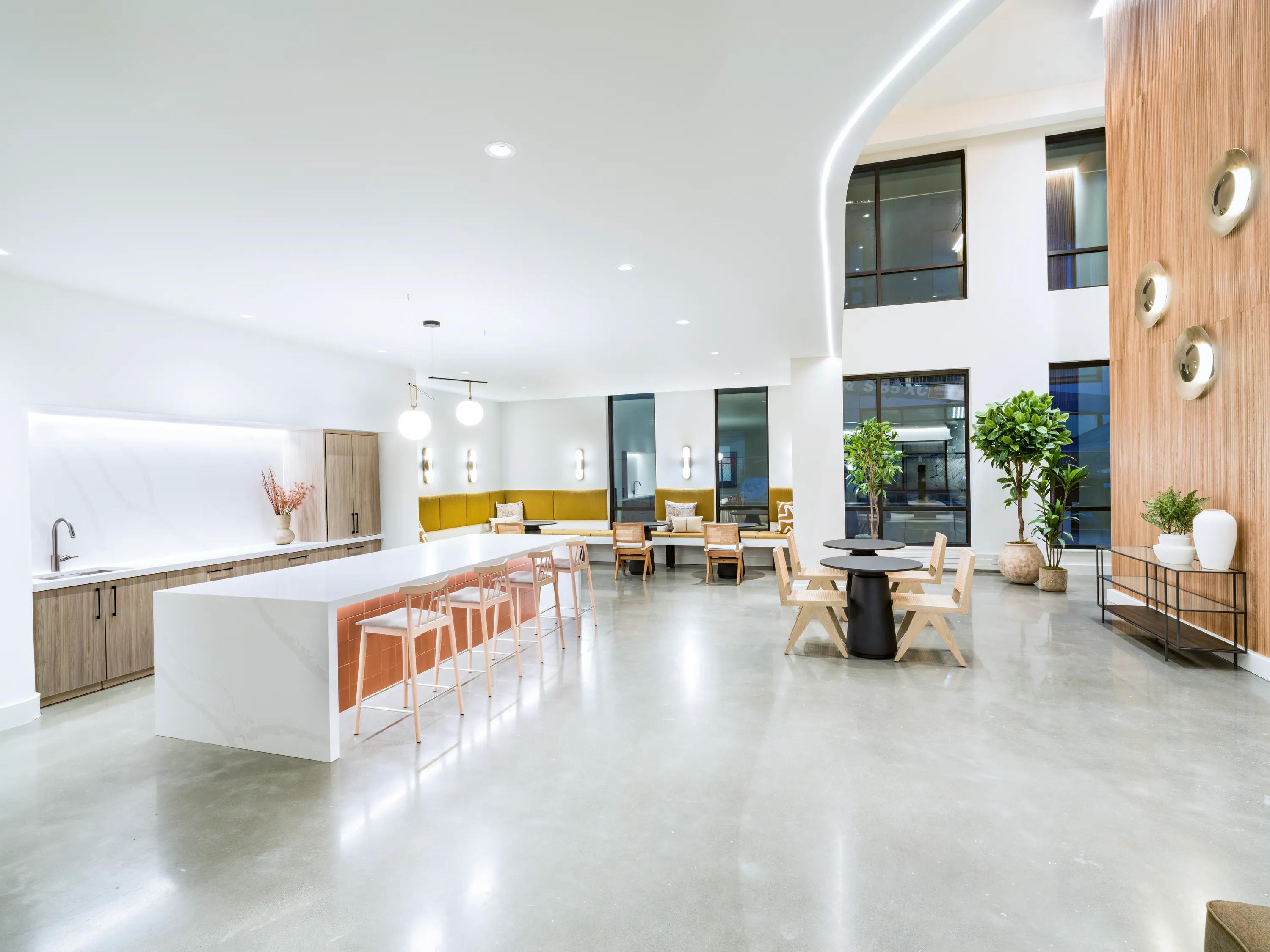 community kitchen with island and seating modera revere beach apartments for rent in revere ma near boston