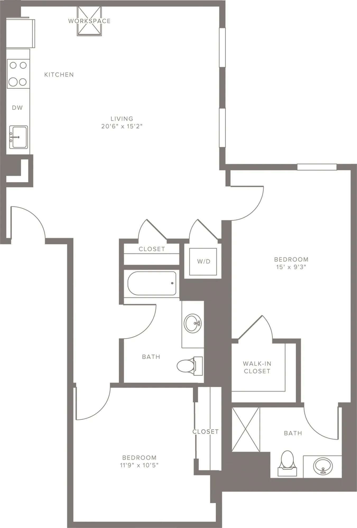 1070 square foot two bedroom two bath with galley kitchen apartment floorplan image
