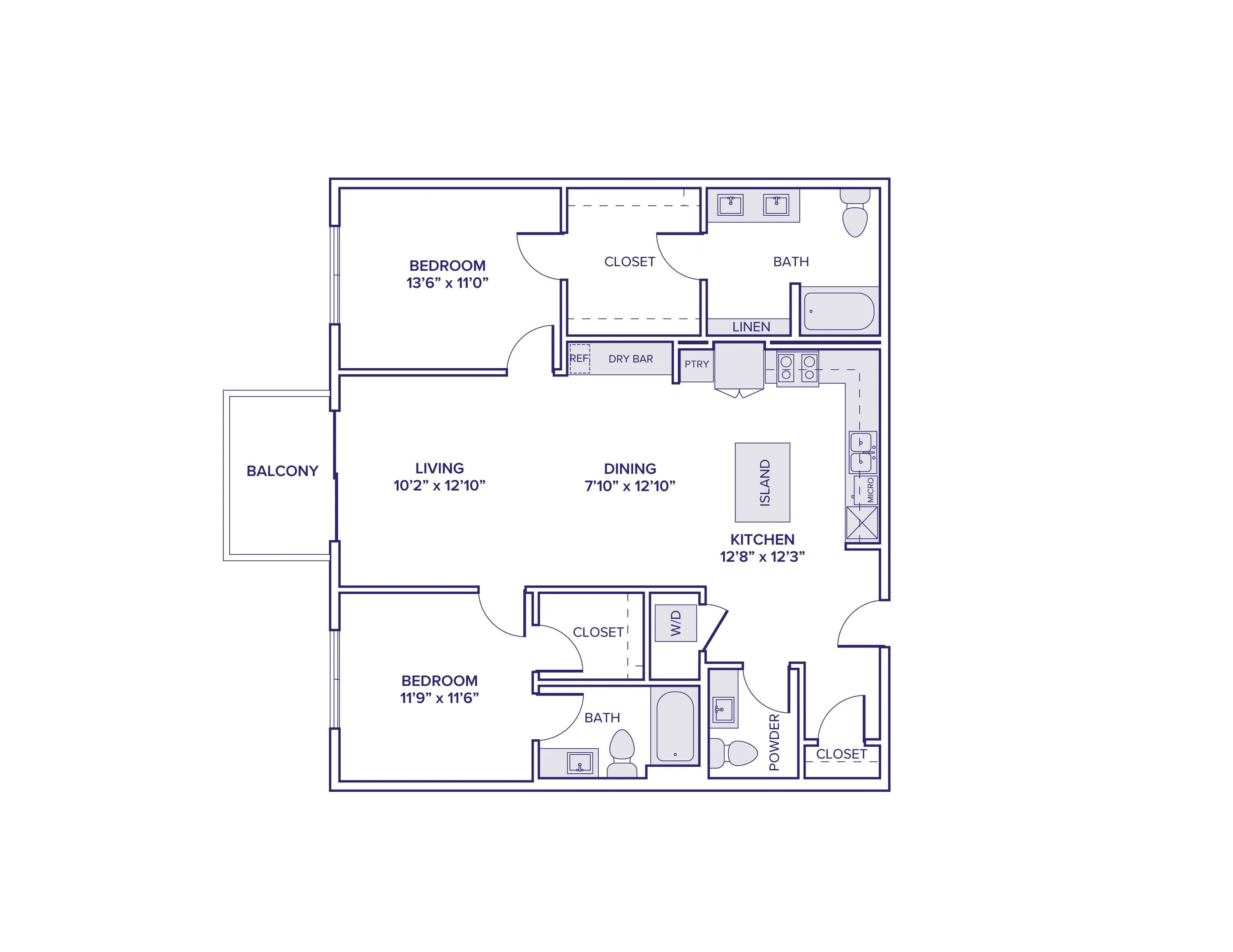 1258 square foot two bed two and a half bath apartment floor plan in Scottsdale, AZ