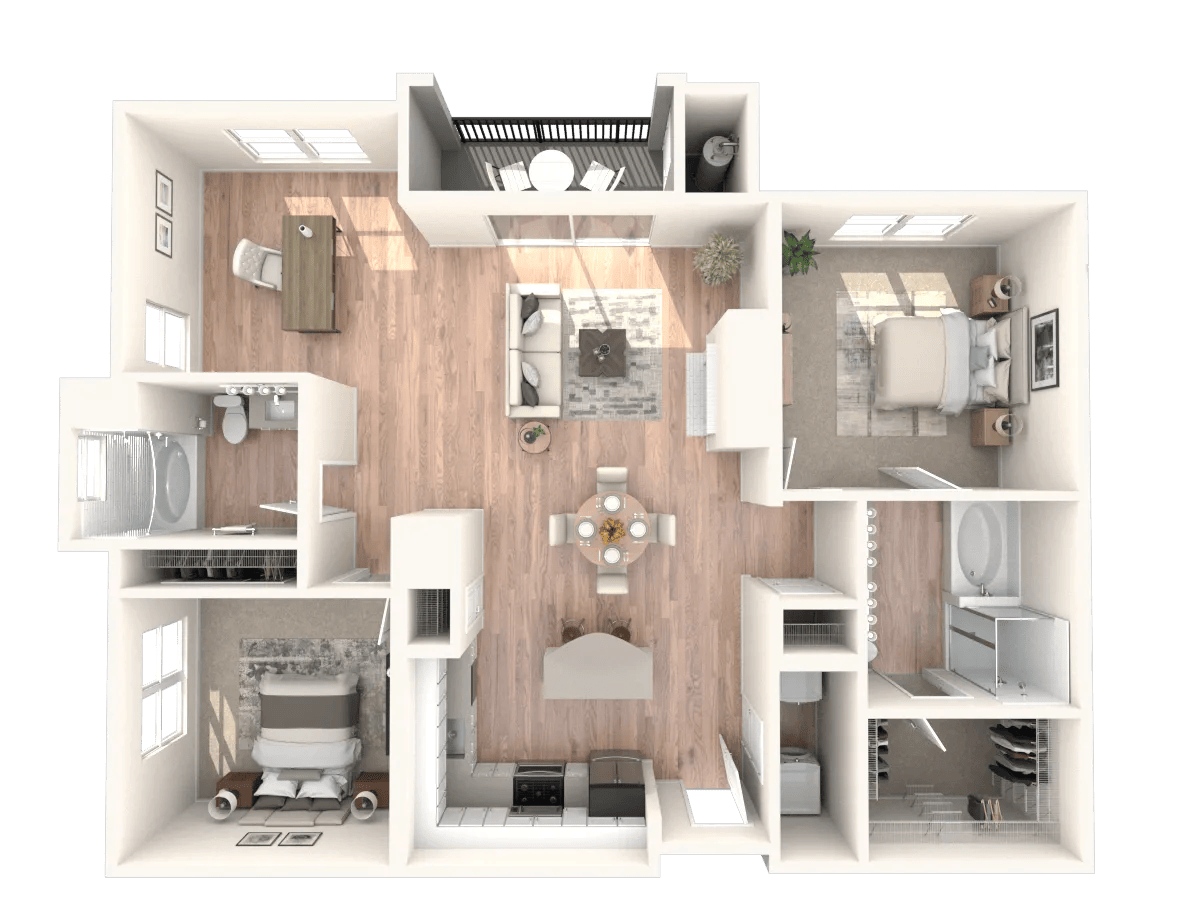 1377 square foot two bedroom two bath apartment floor plan image