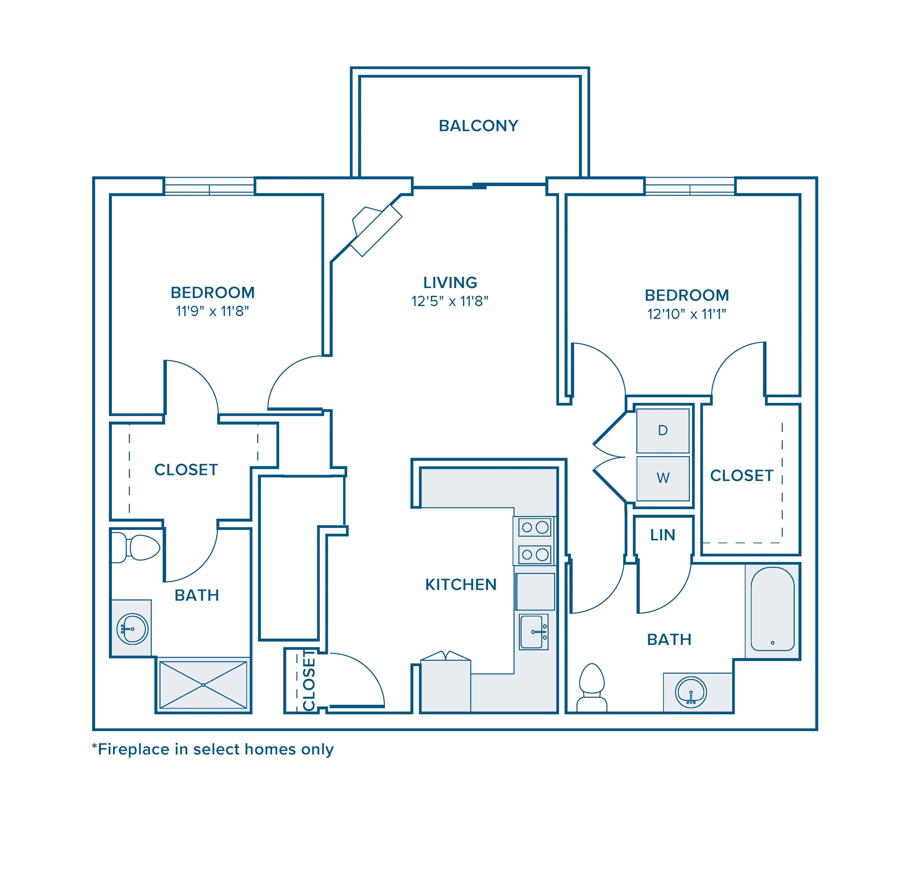 1269 square foot two bedroom two bath apartment floor plan in Marshfield, MA