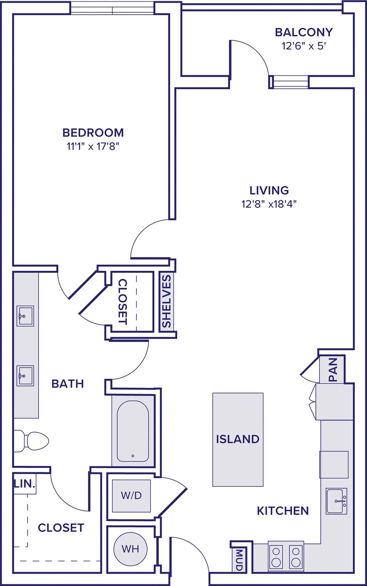 935 square foot one bed one bath apartment floor plan in McKinney, TX