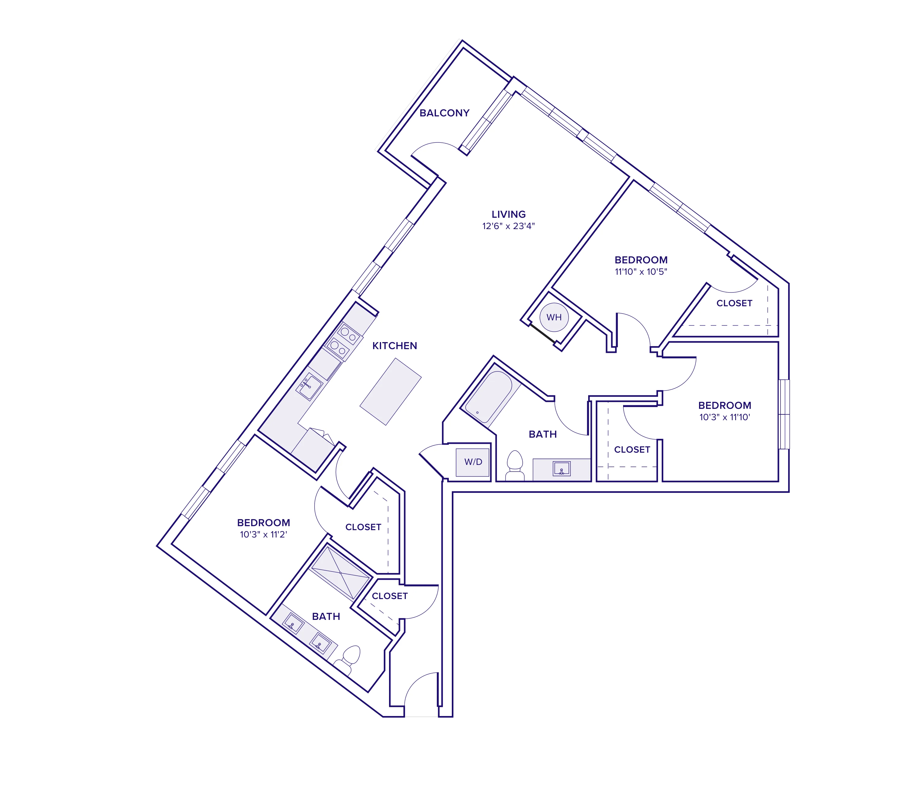 1417 square foot two bed two and a half bath apartment floor plan in Atlanta, GA