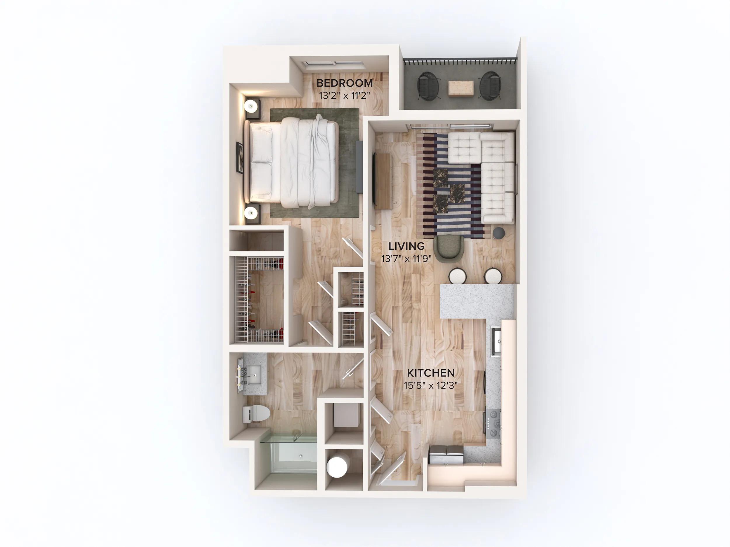 773 square foot one bed one bath floor plan in Miami, FL