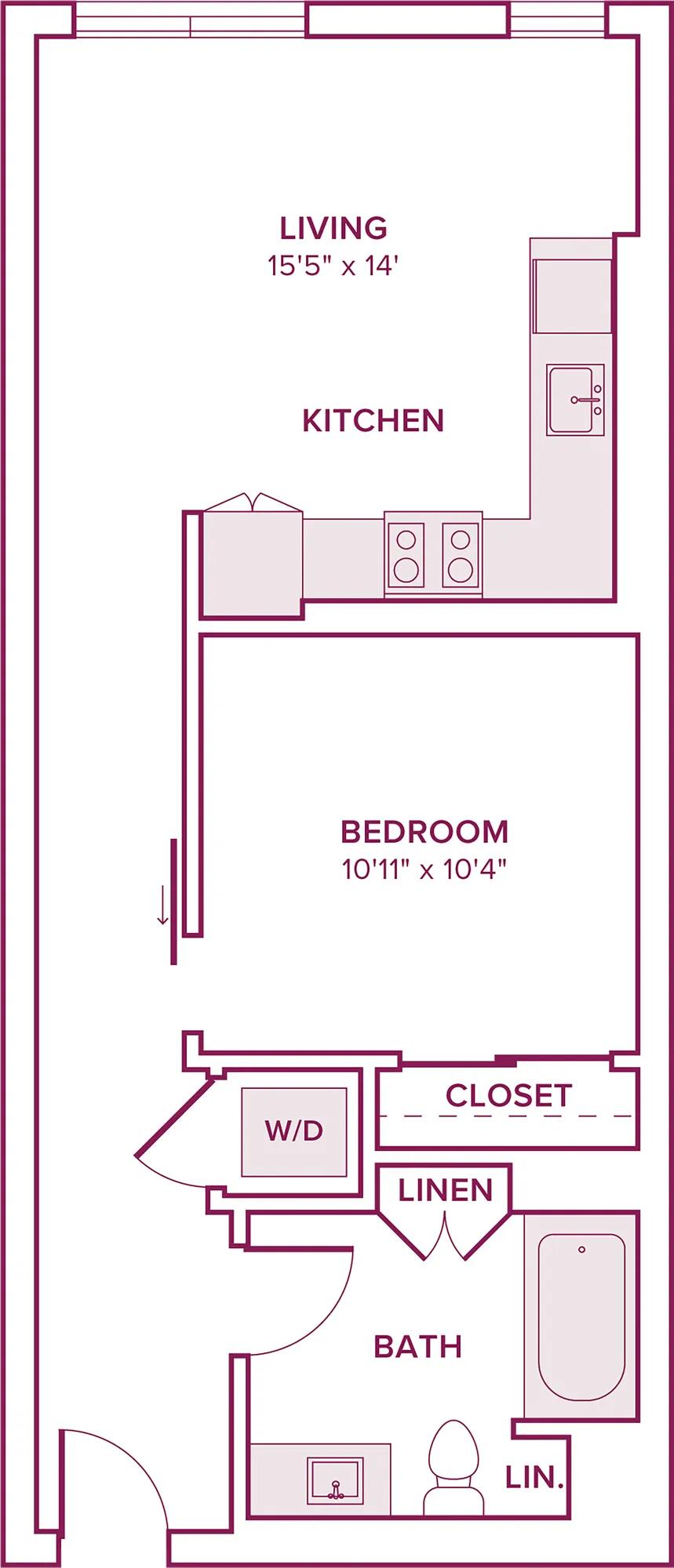 566 square foot one bed one bath floor plan in Argyle, CA