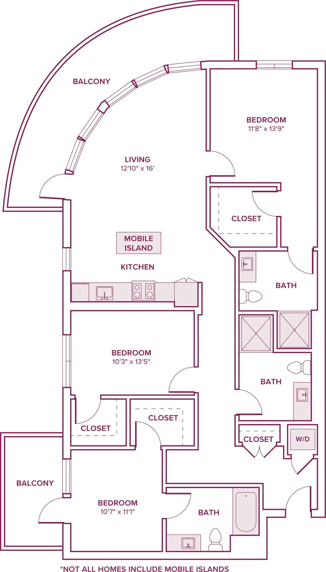 1378 square foot three bed two bath floor plan in Argyle, CA