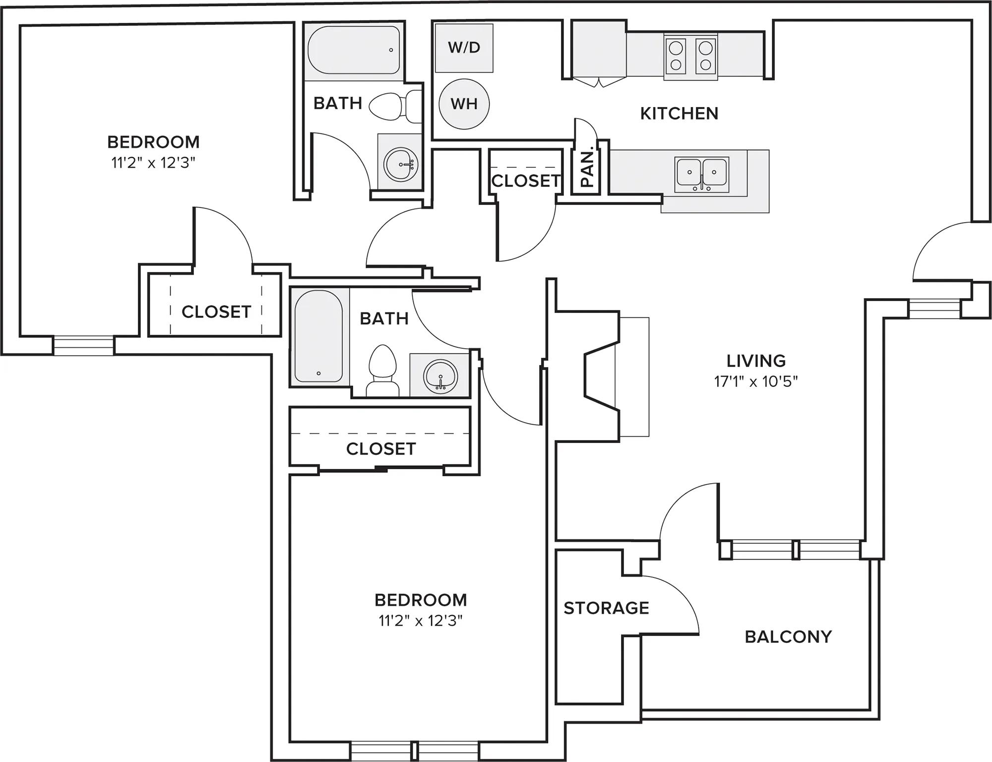 1118 square foot 2 bed 2 bath floorplan image