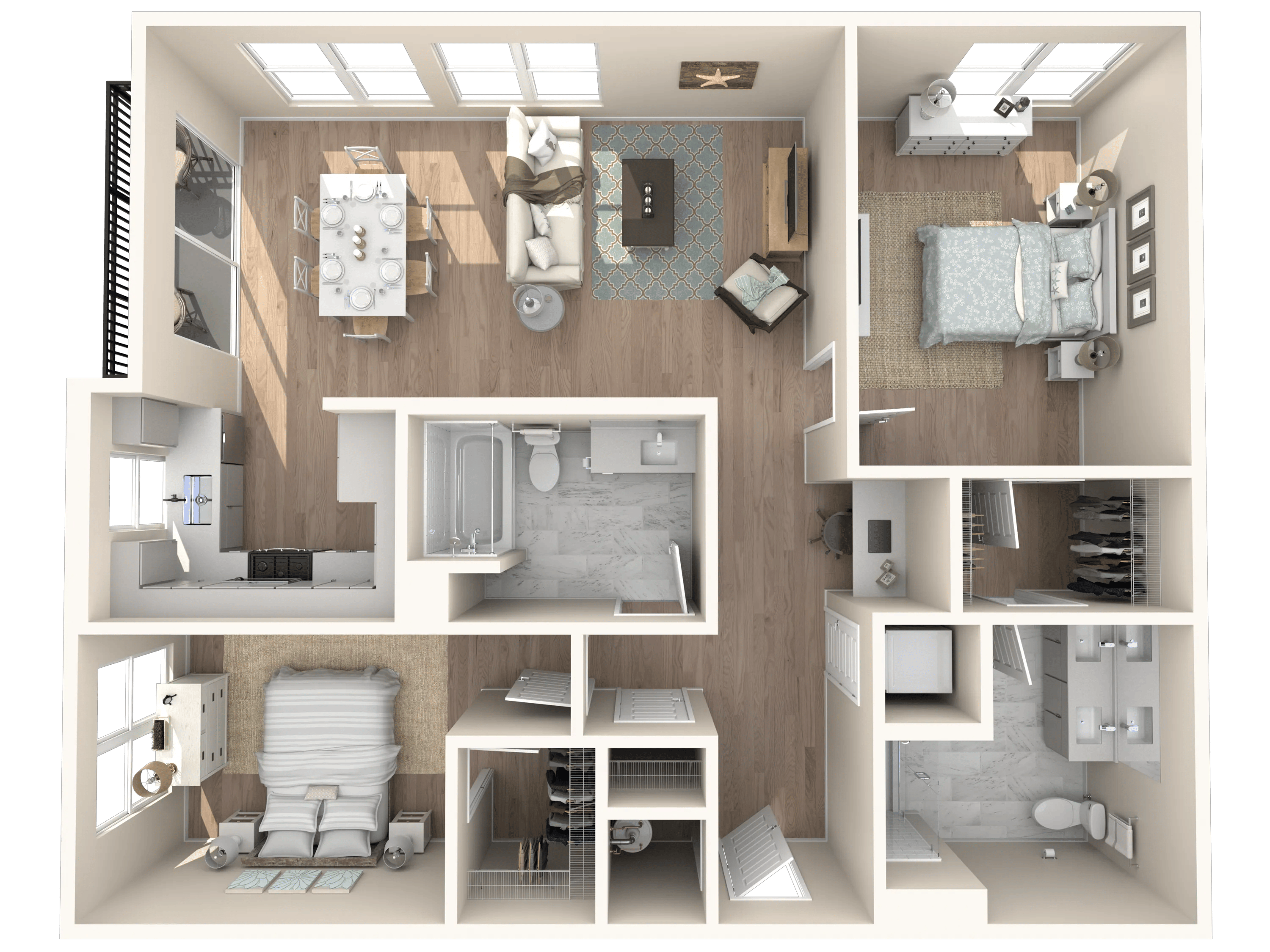 1237 square foot two bed two bath floor plan in Tampa, FL