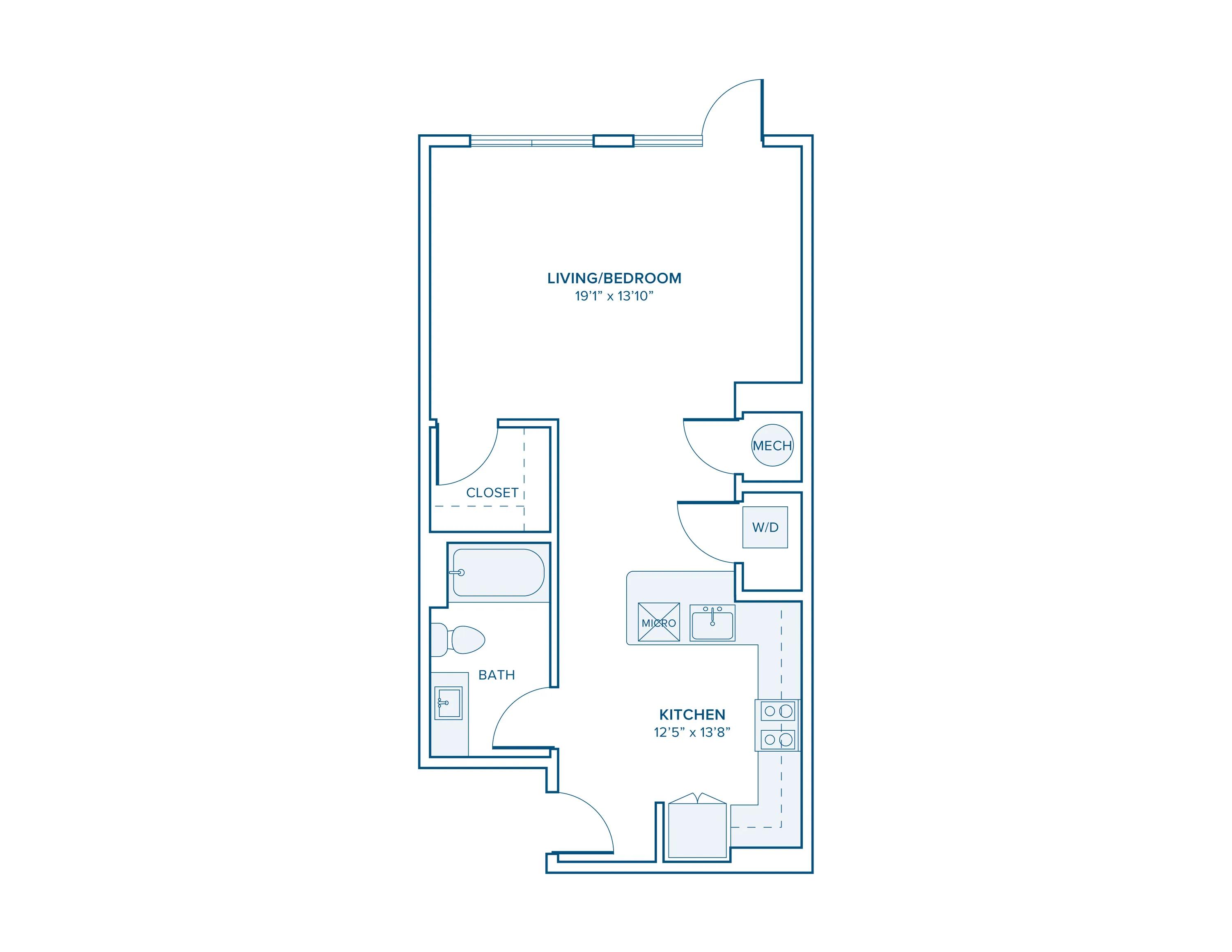 651 square foot studio one bath apartment floor plan in Charlotte, NC