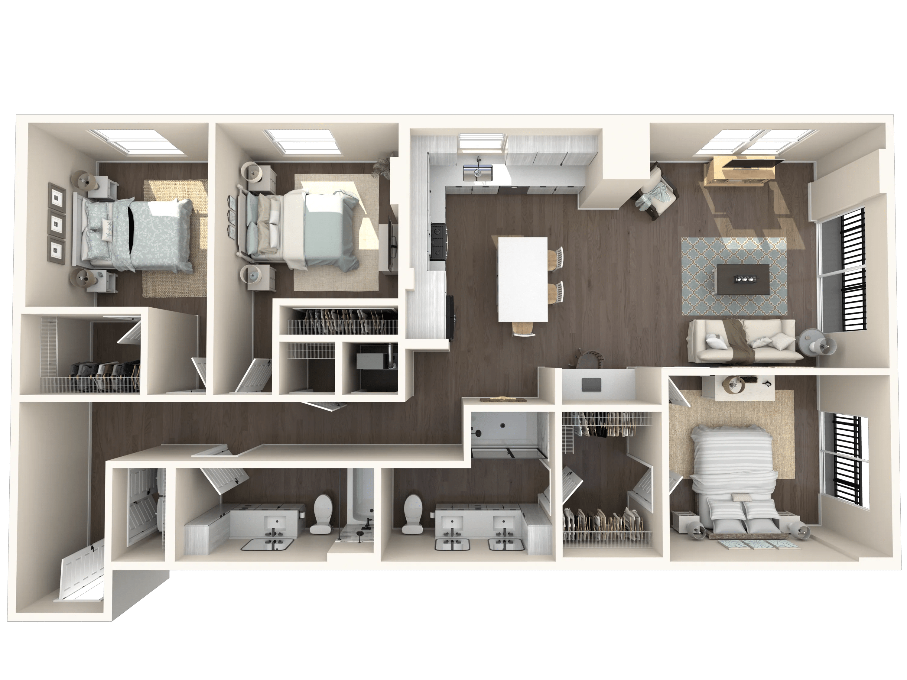 1302 square foot three bedroom two bath apartment floor plan image