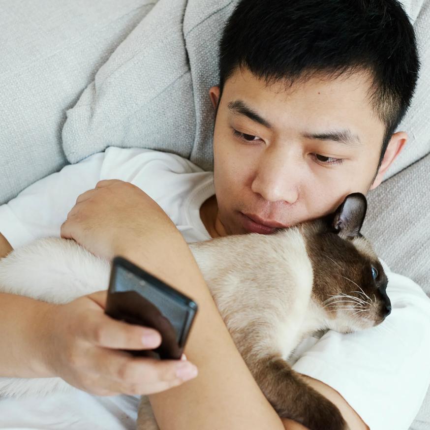 man cuddling with cat while on phone modera kierland apartment homes for rent in scottsdale az