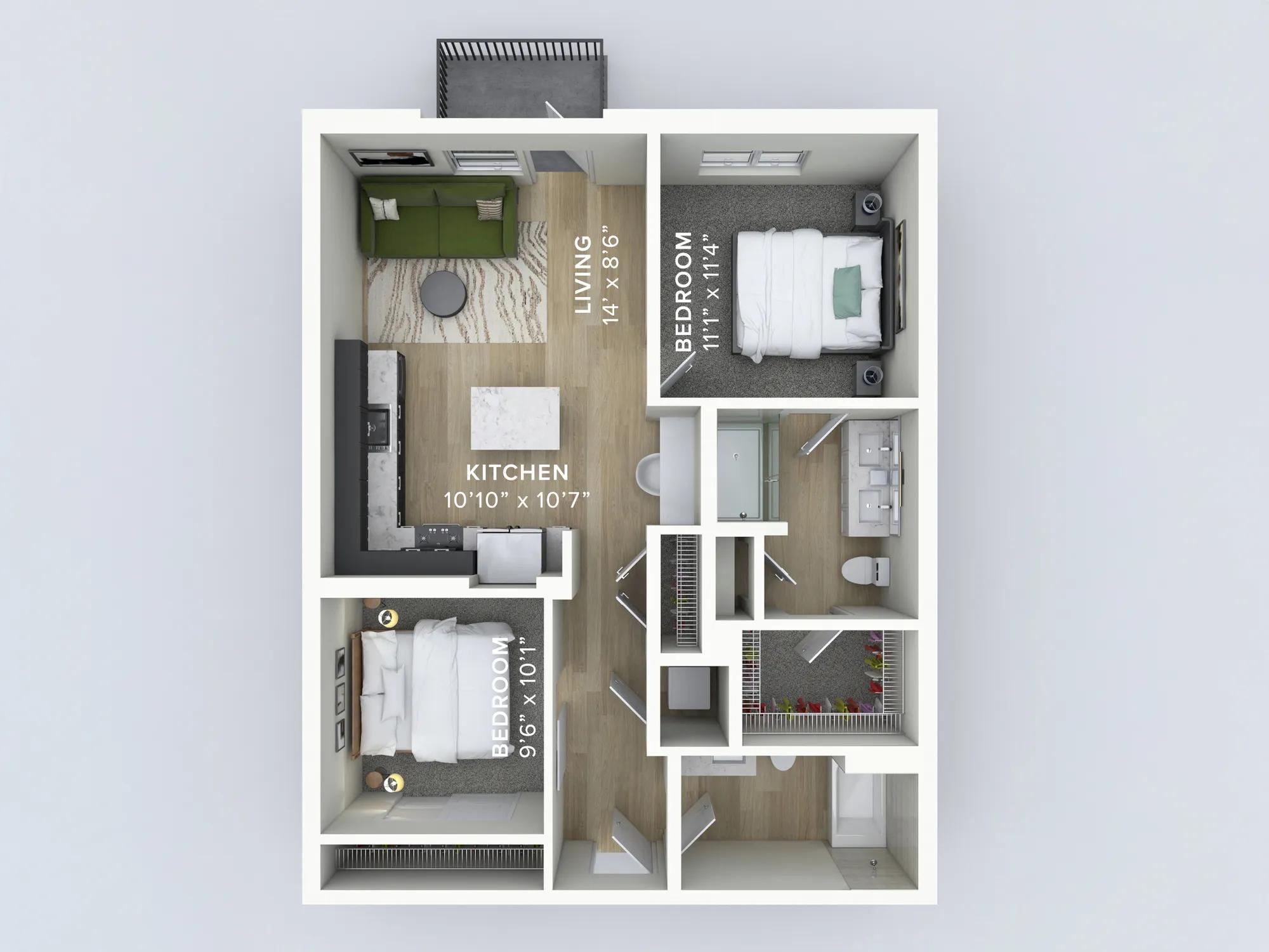 900 square foot two bedroom two bath apartment floorplan image