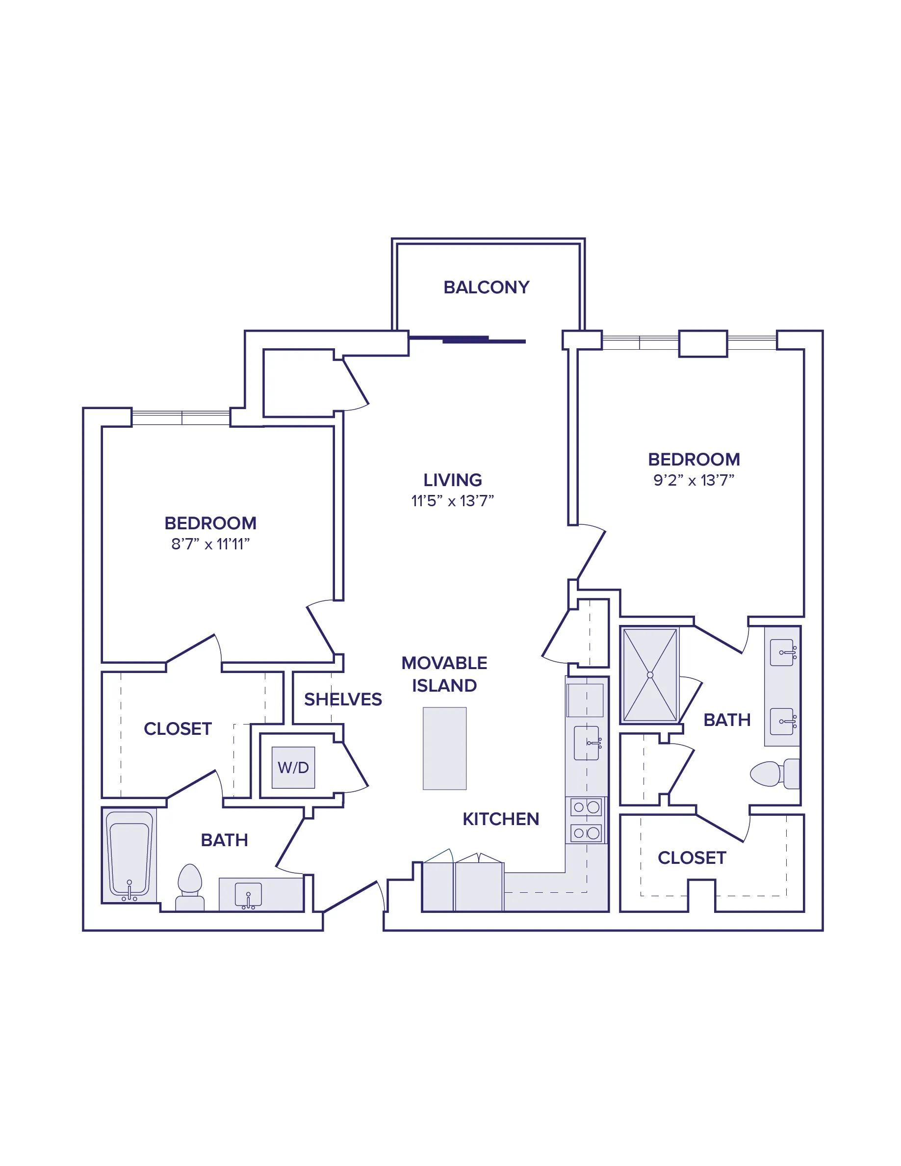 1067 square foot two bed two bath apartment floor plan image