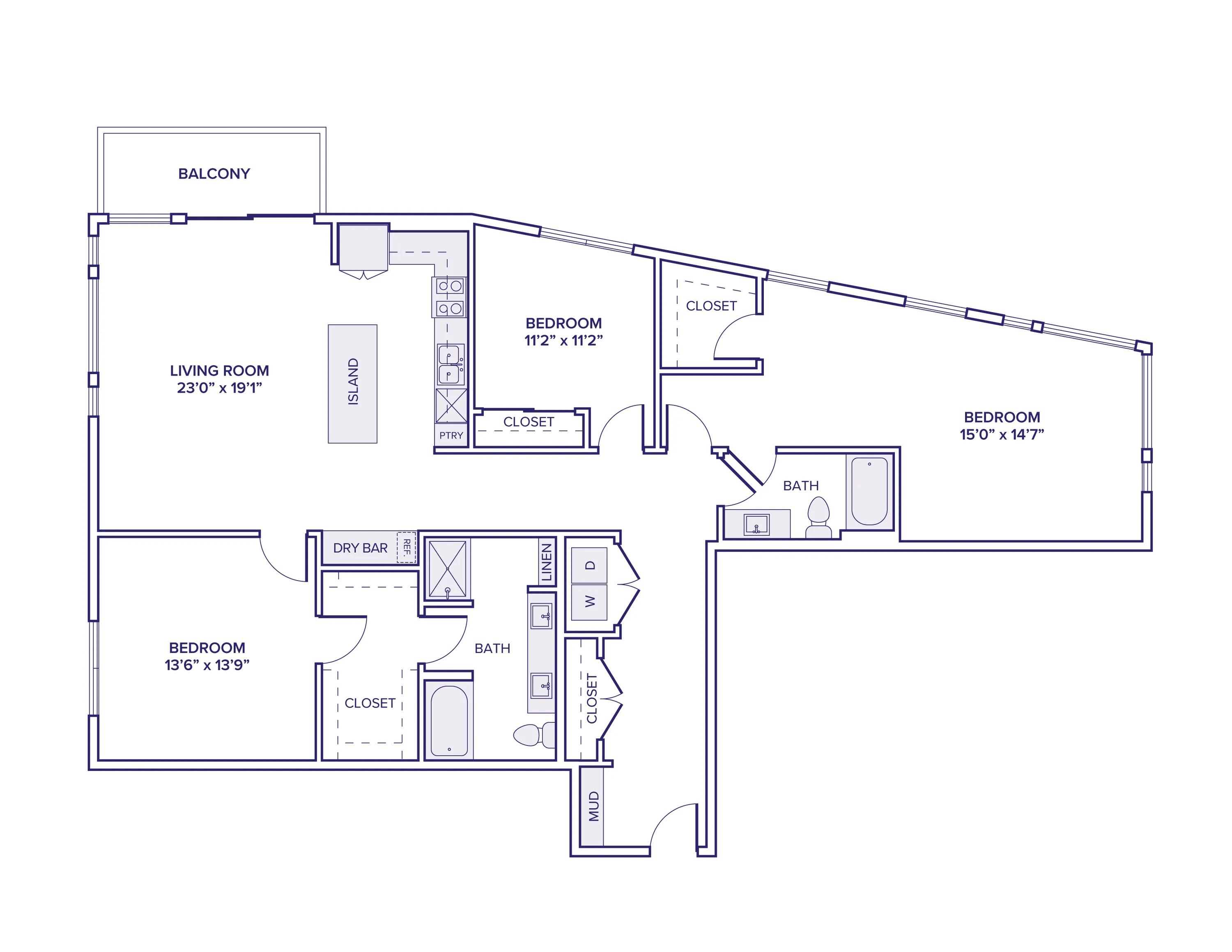 1720 square foot three bedroom two bath apartment floor plan in Scottsdale, AZ