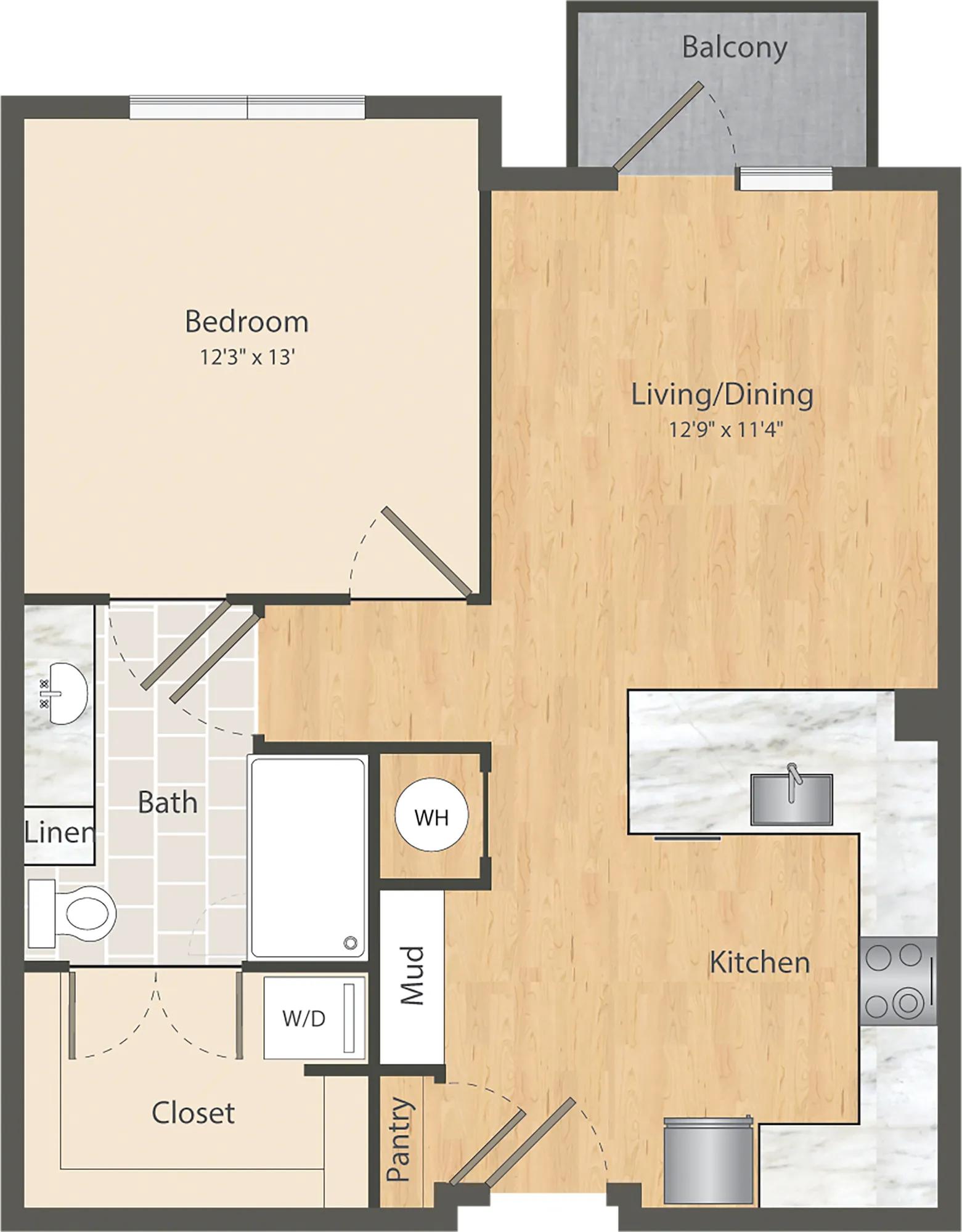 729 square foot one bedroom one bath apartment floor plan in Dallas, TX