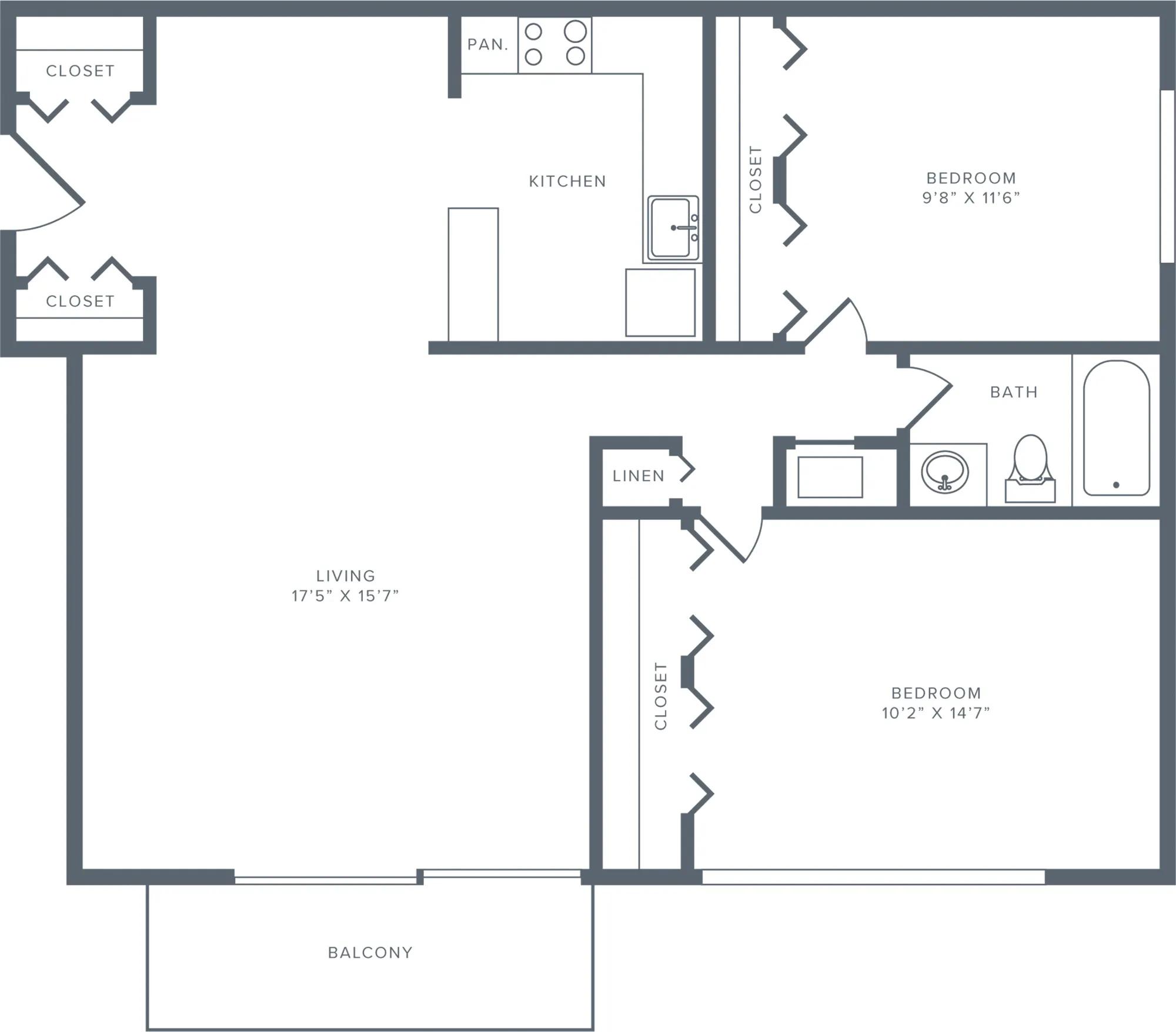 1150 square foot two bedroom one bath apartment floorplan image