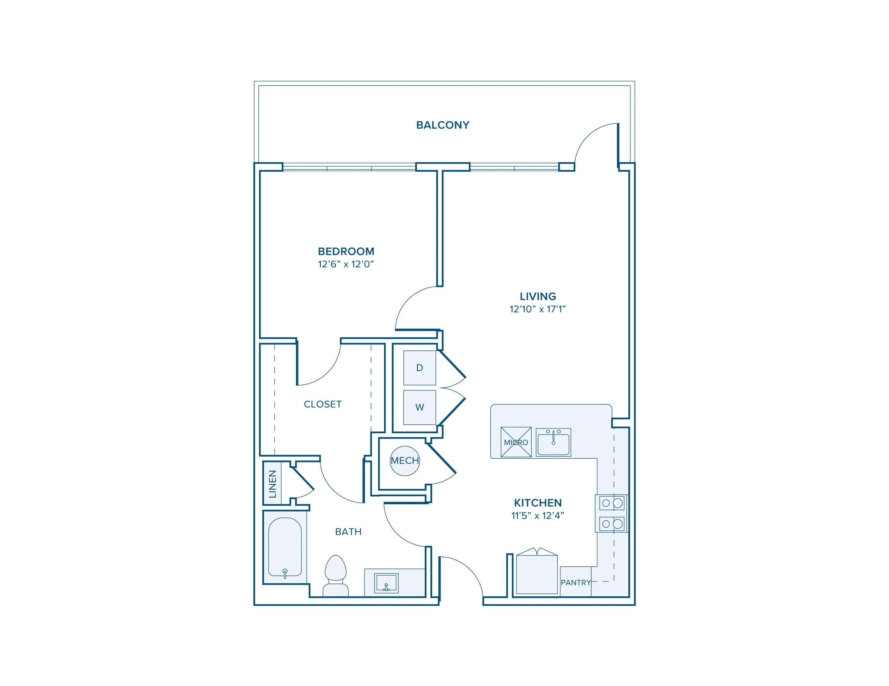 747 square foot one bed one bath apartment floor plan in Charlotte, NC