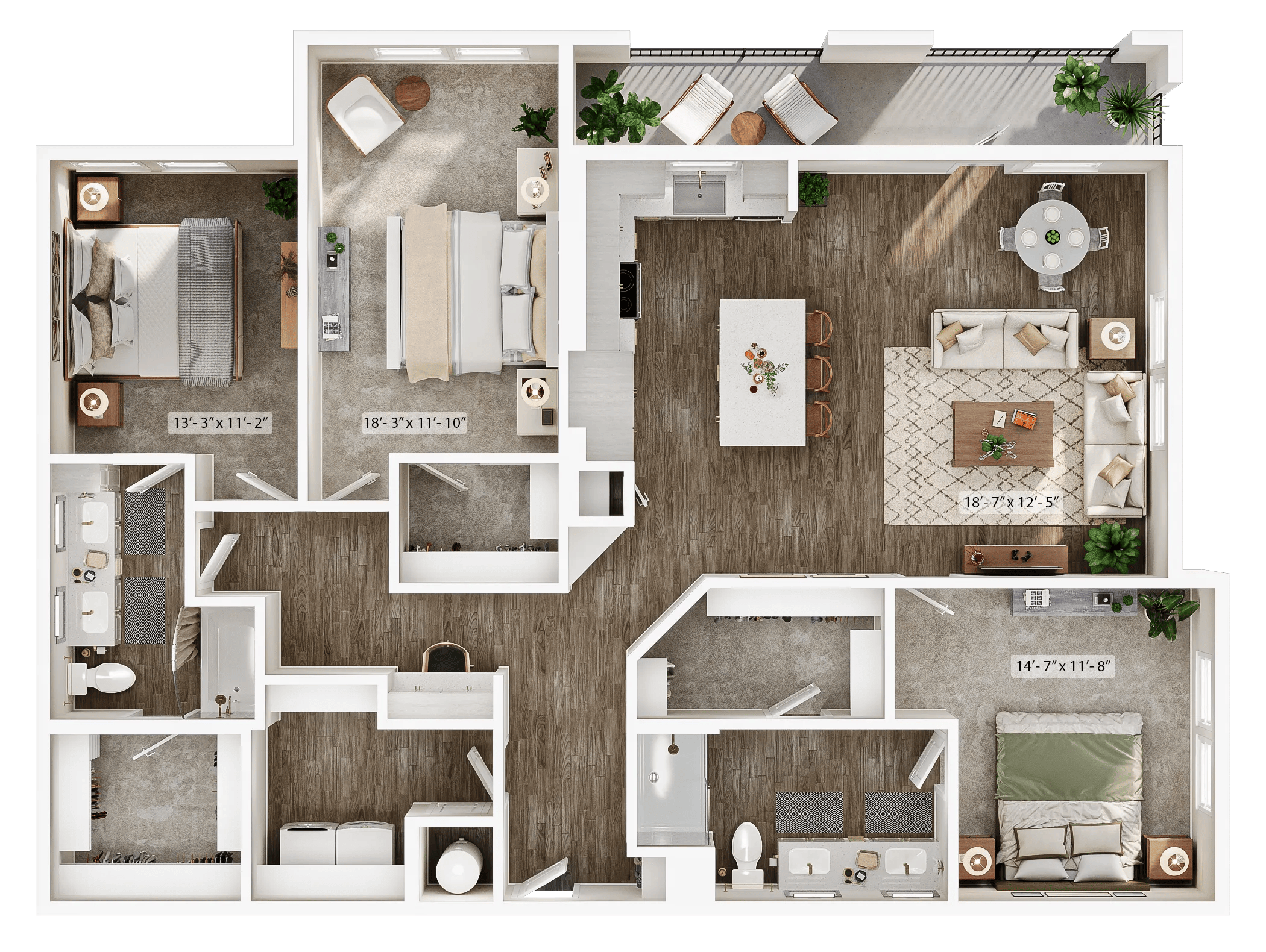 1732 square foot three bed two bath apartment floor plan image