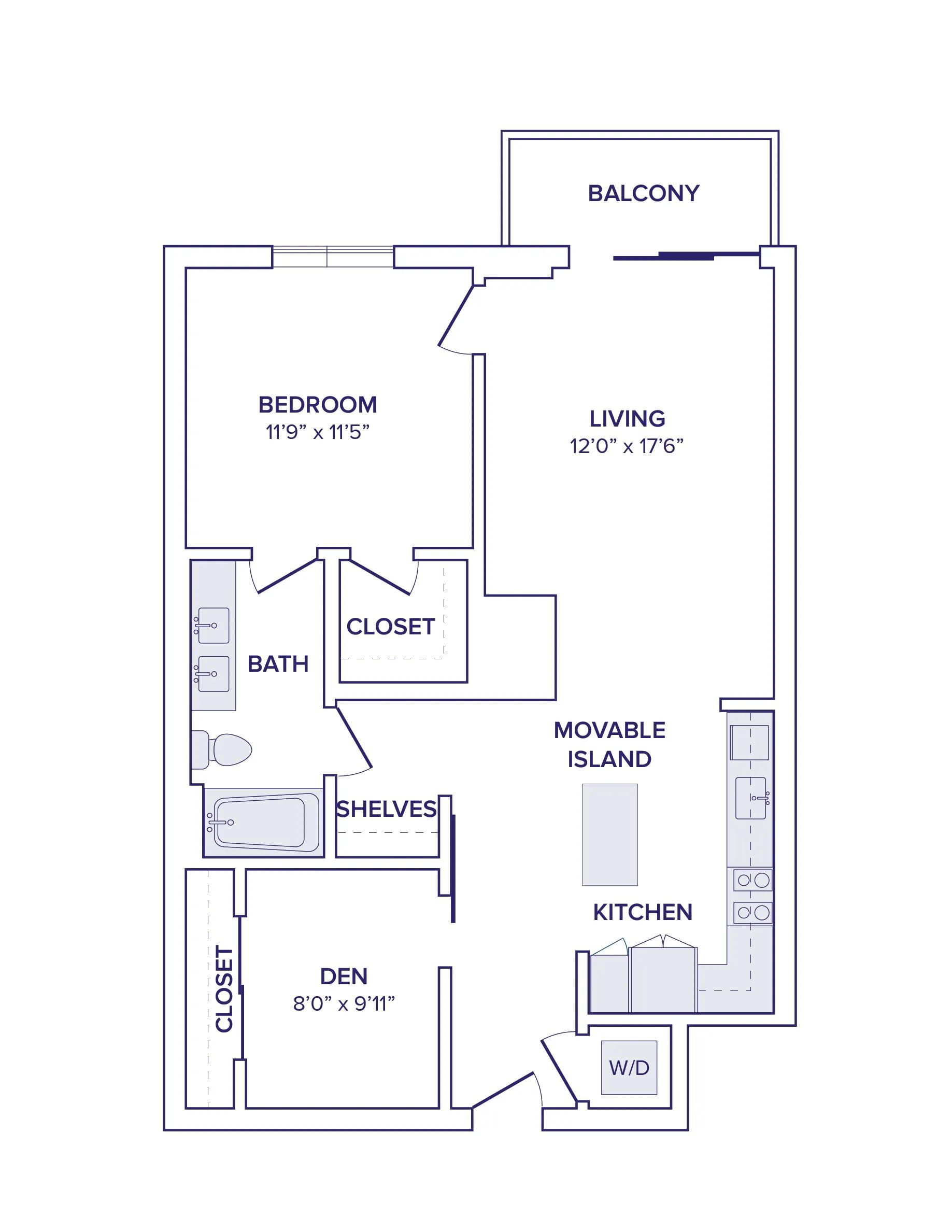 900 square foot one bed one bath apartment floor plan image