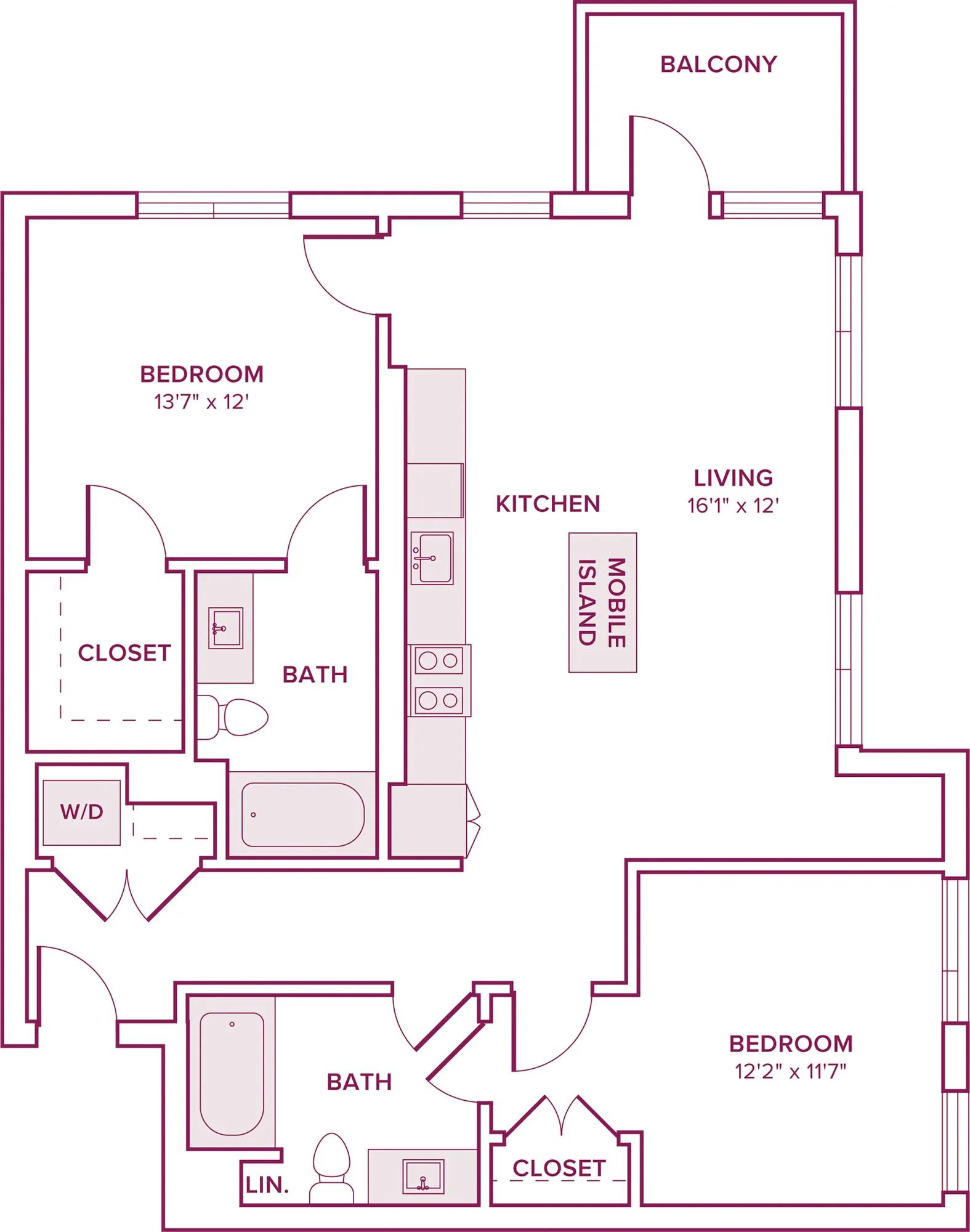 1046 square foot two bed two bath floor plan in Argyle, CA