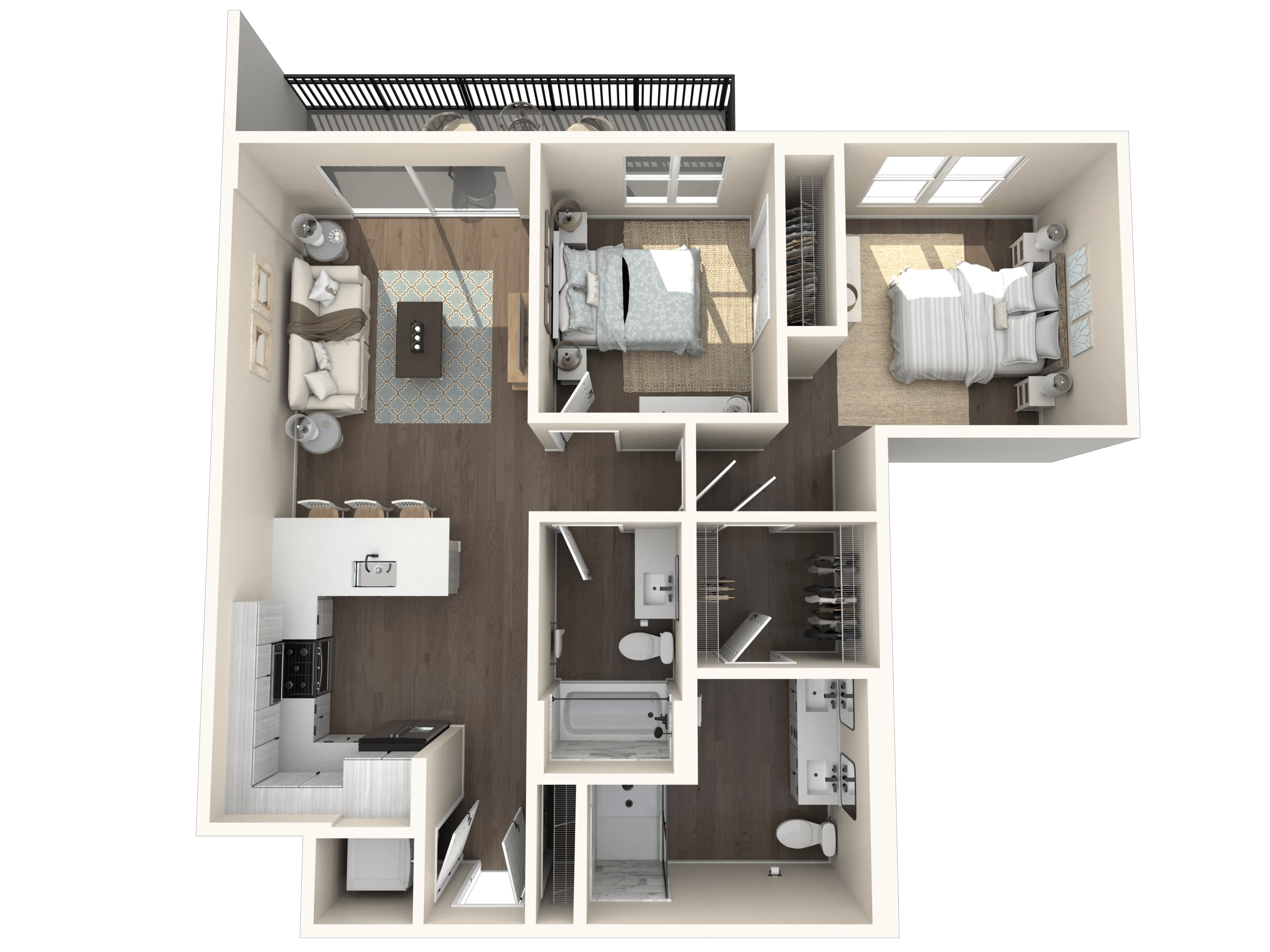 976 square foot two bed two bath floor plan image