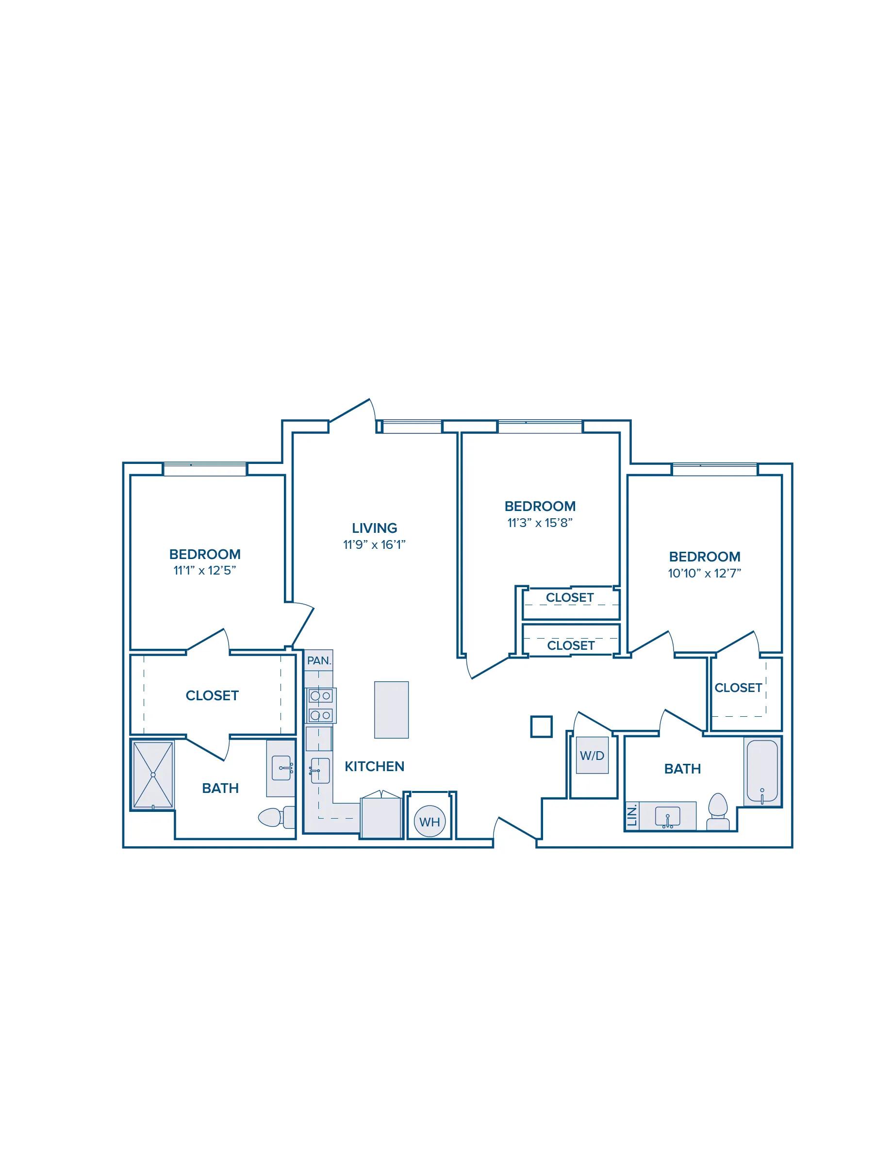 1339 square foot three bedroom two bath floor plan image
