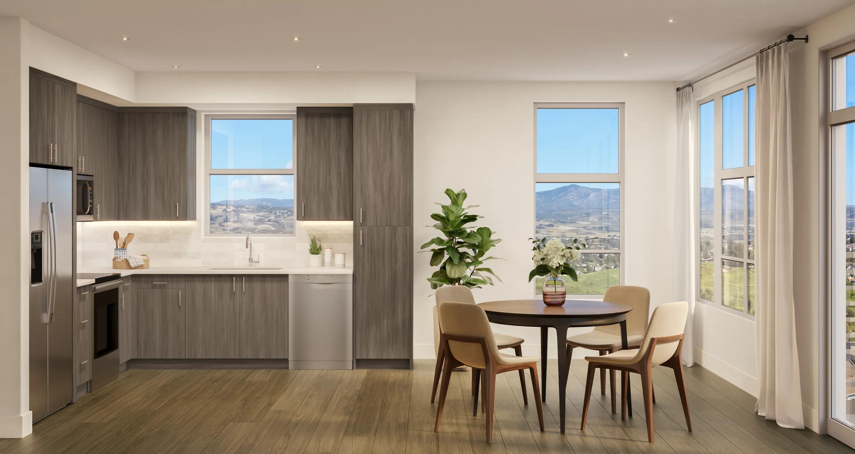 modera melrose apartments in oceanside ca bright kitchen with wood cabinetry and mountain views