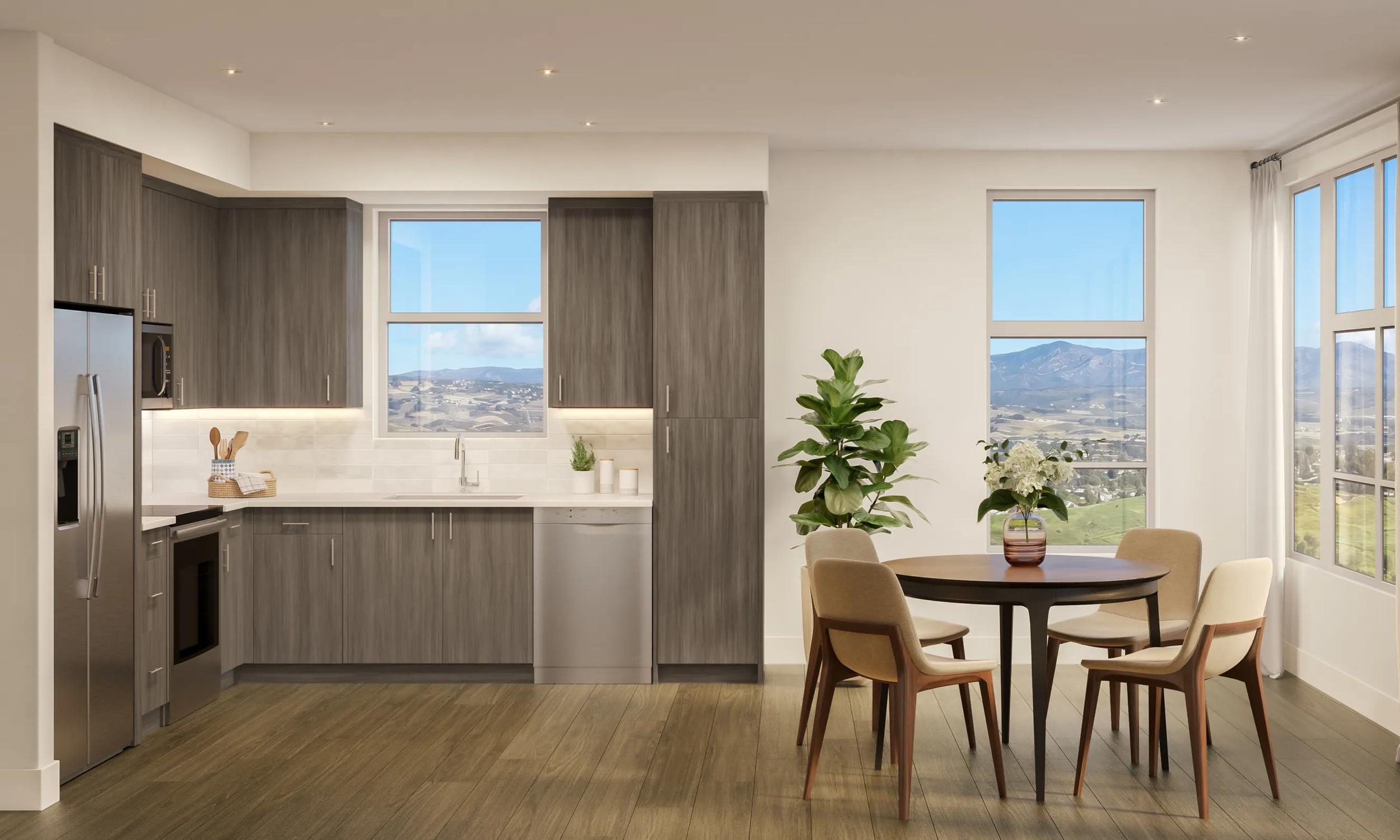 modera melrose apartments in oceanside ca bright kitchen with wood cabinetry and mountain views