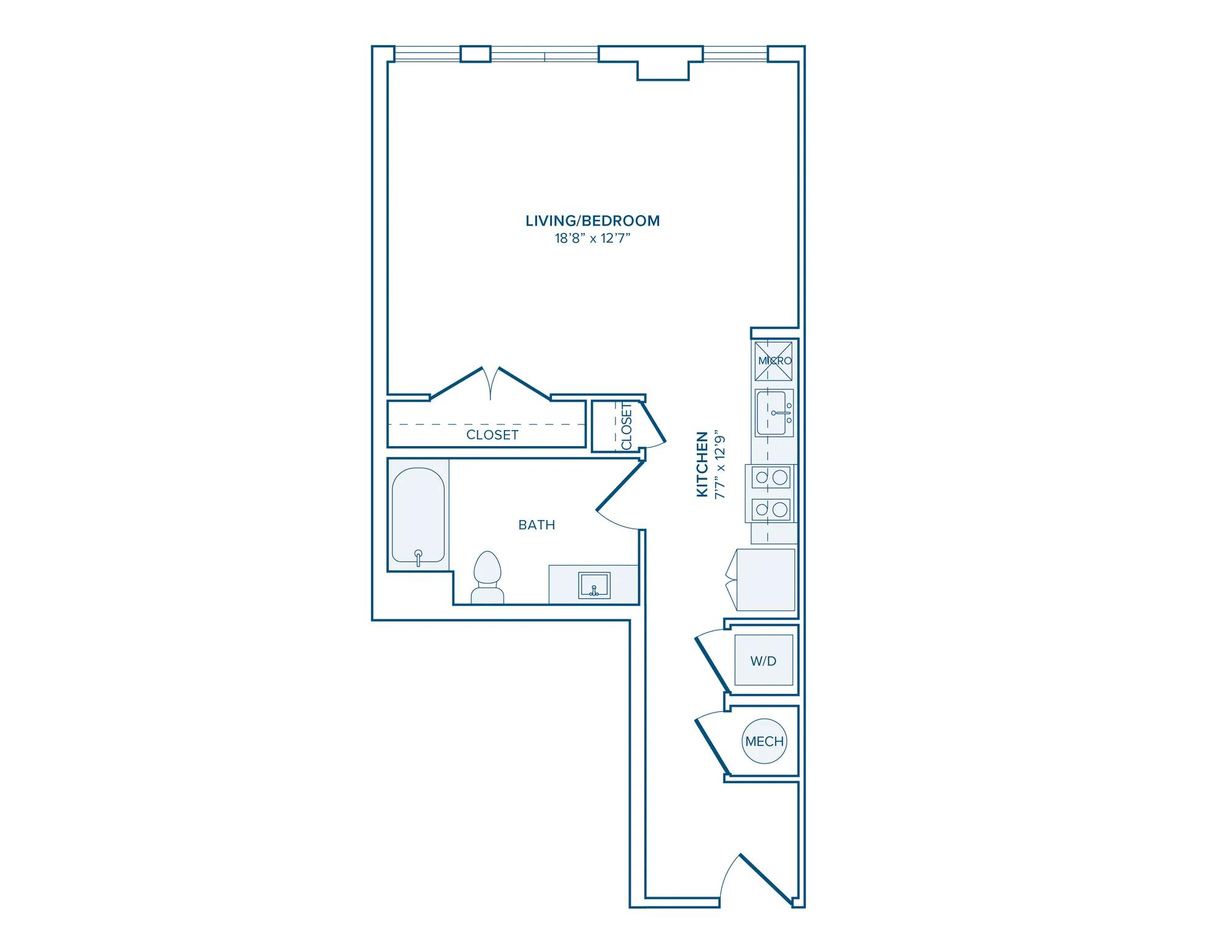 590 square foot studio one bath apartment floor plan in D.C.