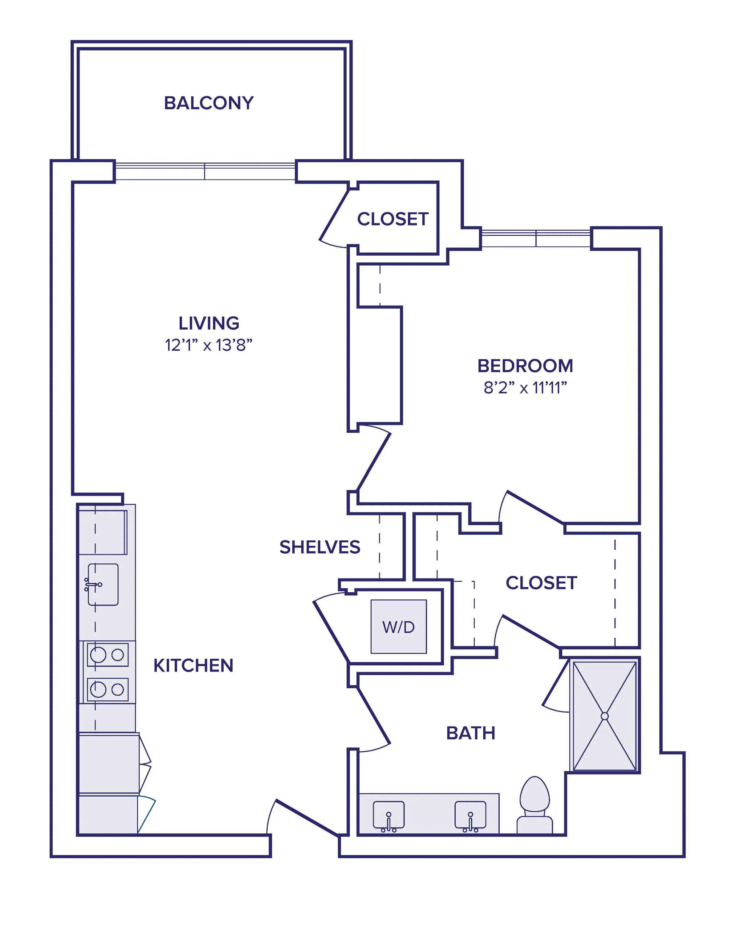745 square foot one bed one bath apartment floor plan image