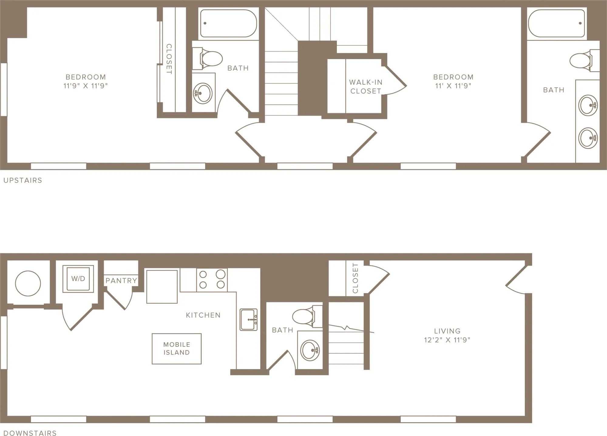 1261 square foot two bedroom two and a half bath two story apartment floorplan image
