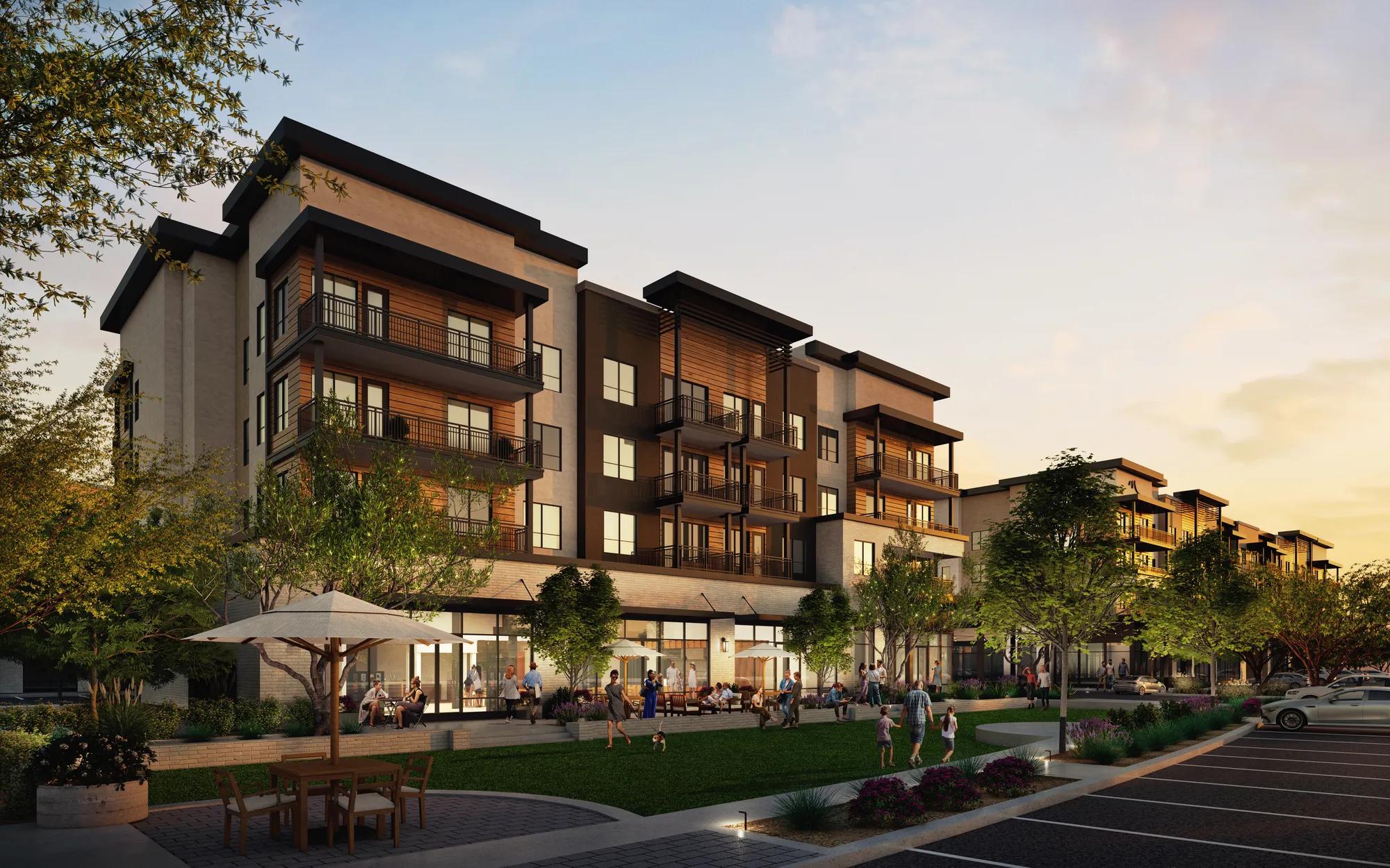 exterior apartment building with parking and grass area modera higley commons apartment homes for rent in gilbert az