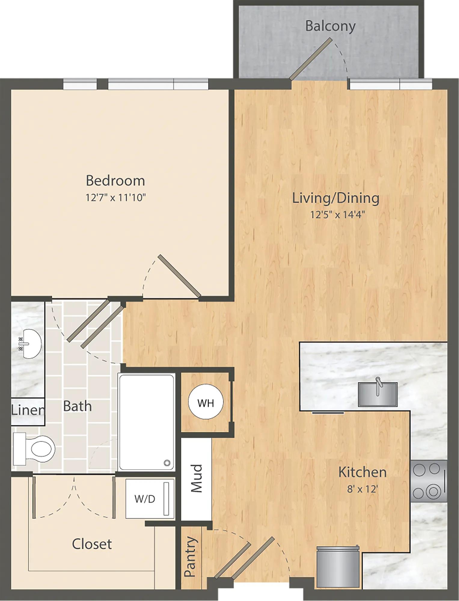 710 square foot one bedroom one bath apartment floor plan in Dallas, TX
