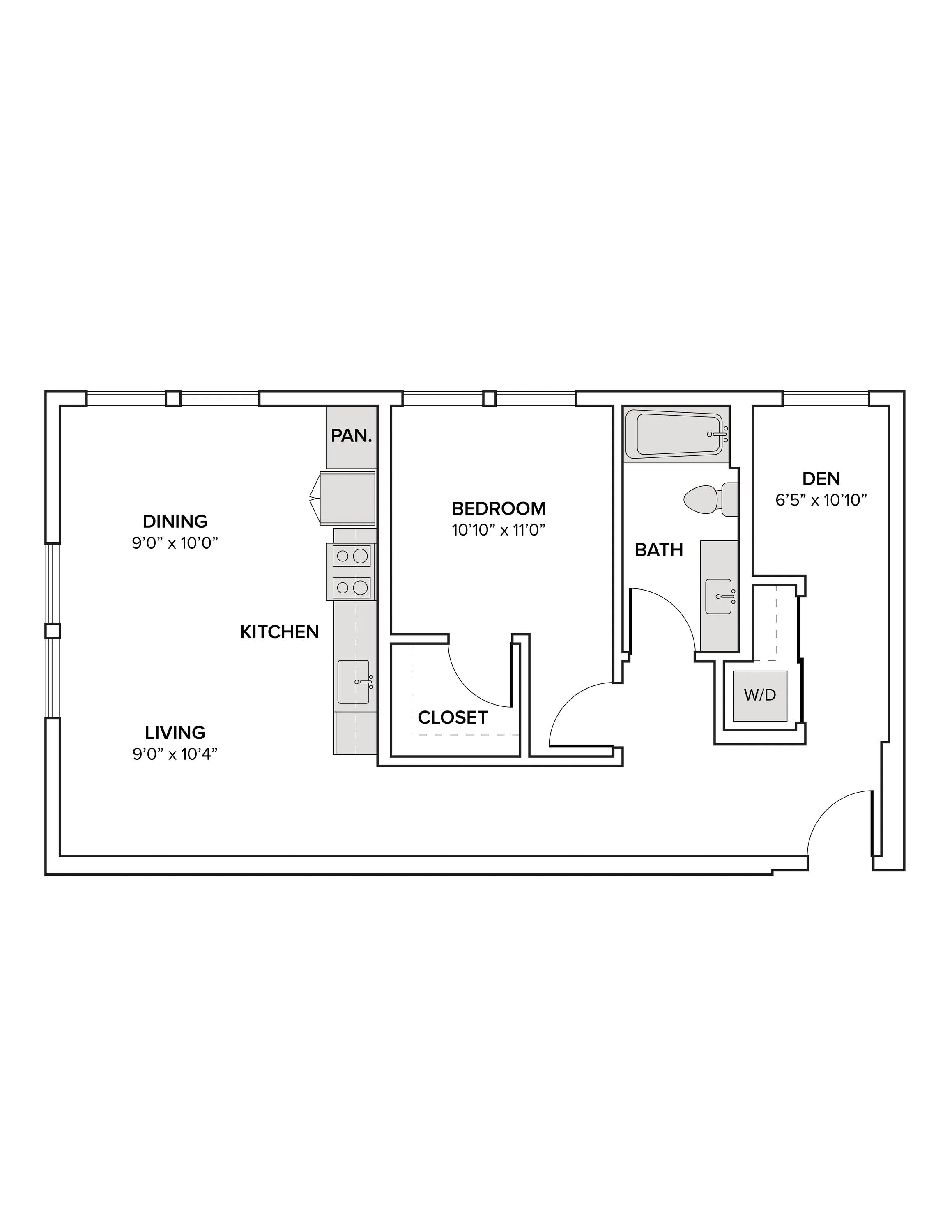 848 square foot one bedroom one bath with a den apartment floor plan image
