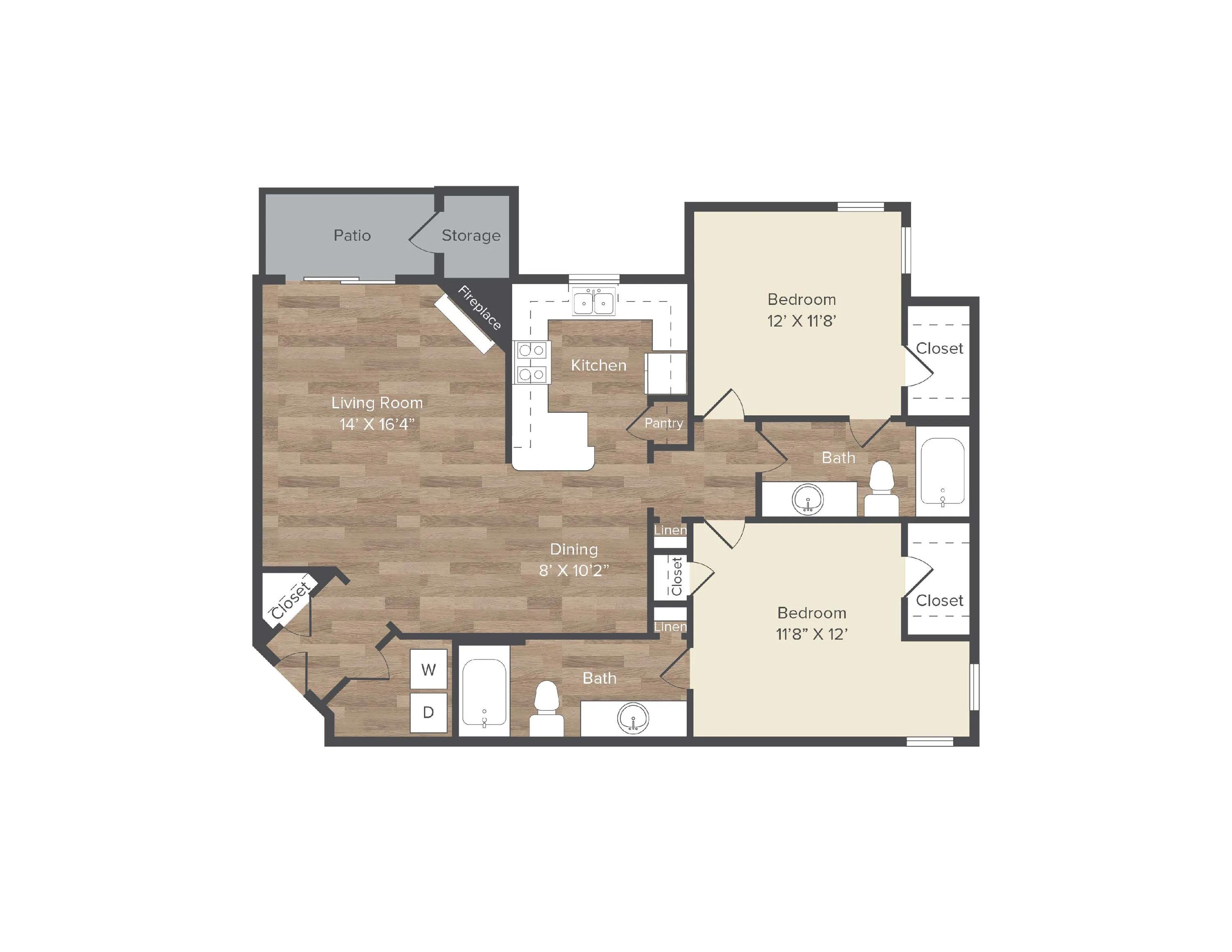 1126 square foot two bedroom two bath apartment floorplan image