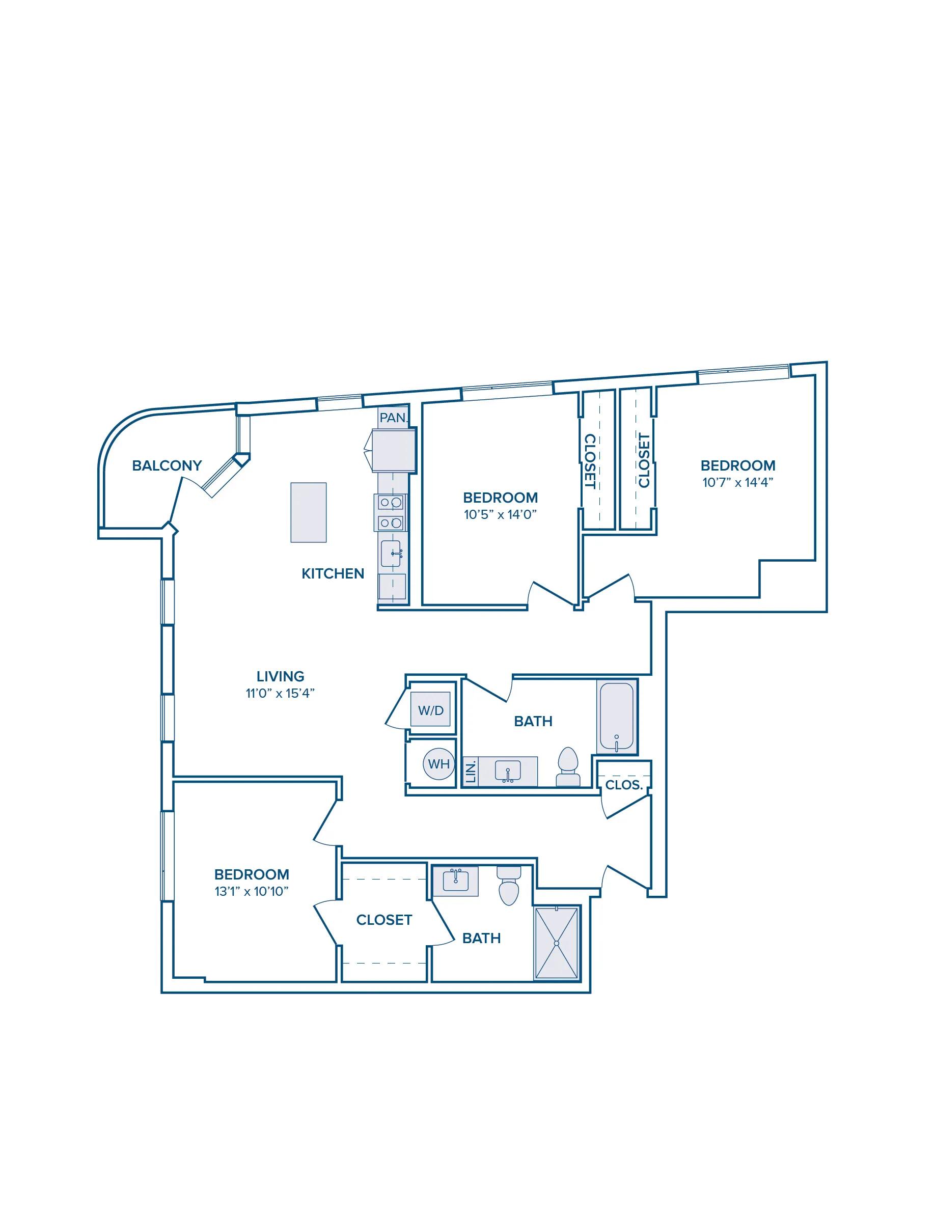 1419 square foot three bedroom two bath apartment floor plan image