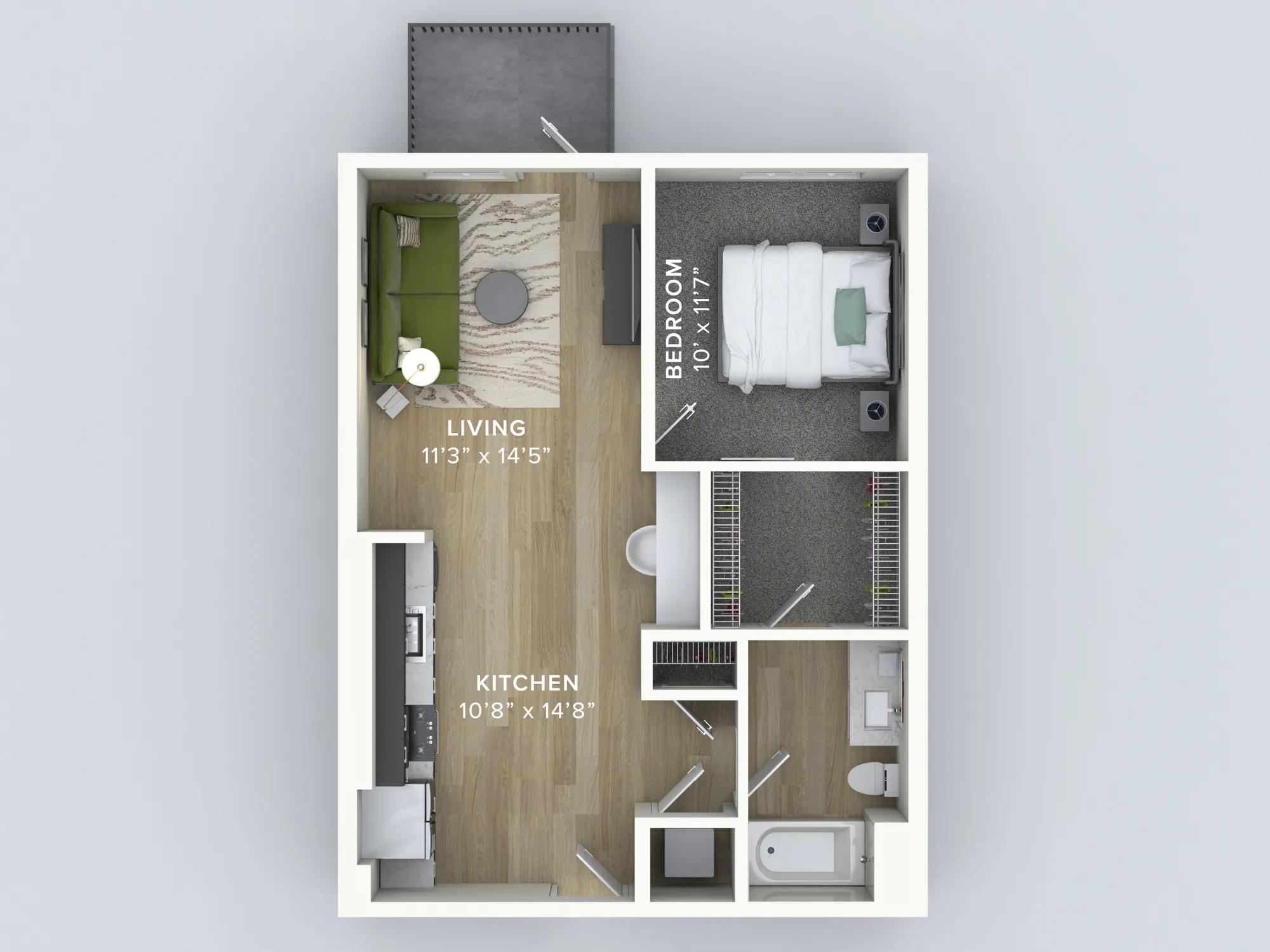 693 square foot one bedroom one bath floor plan image in Denver, CO