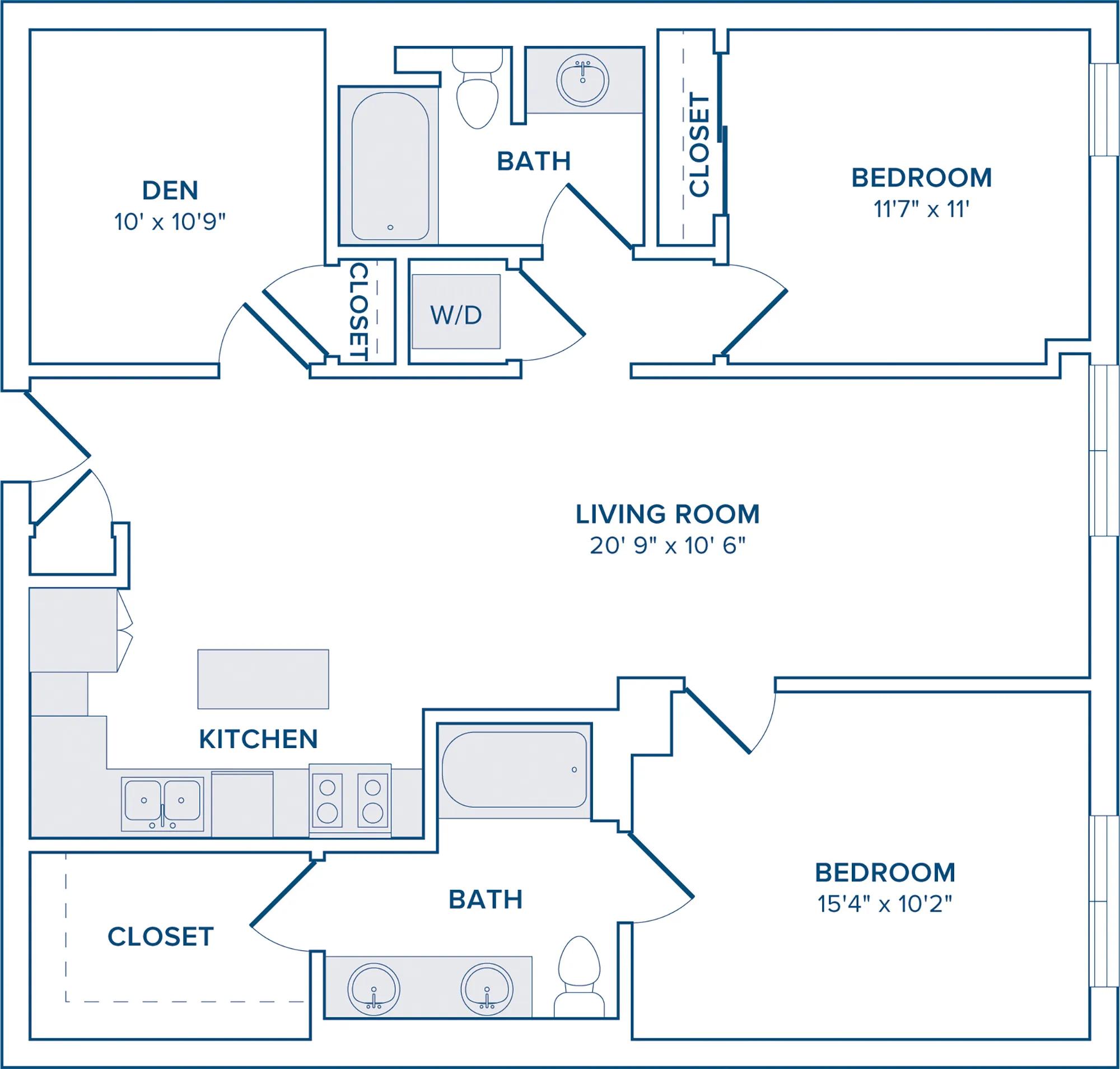 1262 square foot two bedroom two bathroom den floorplan image