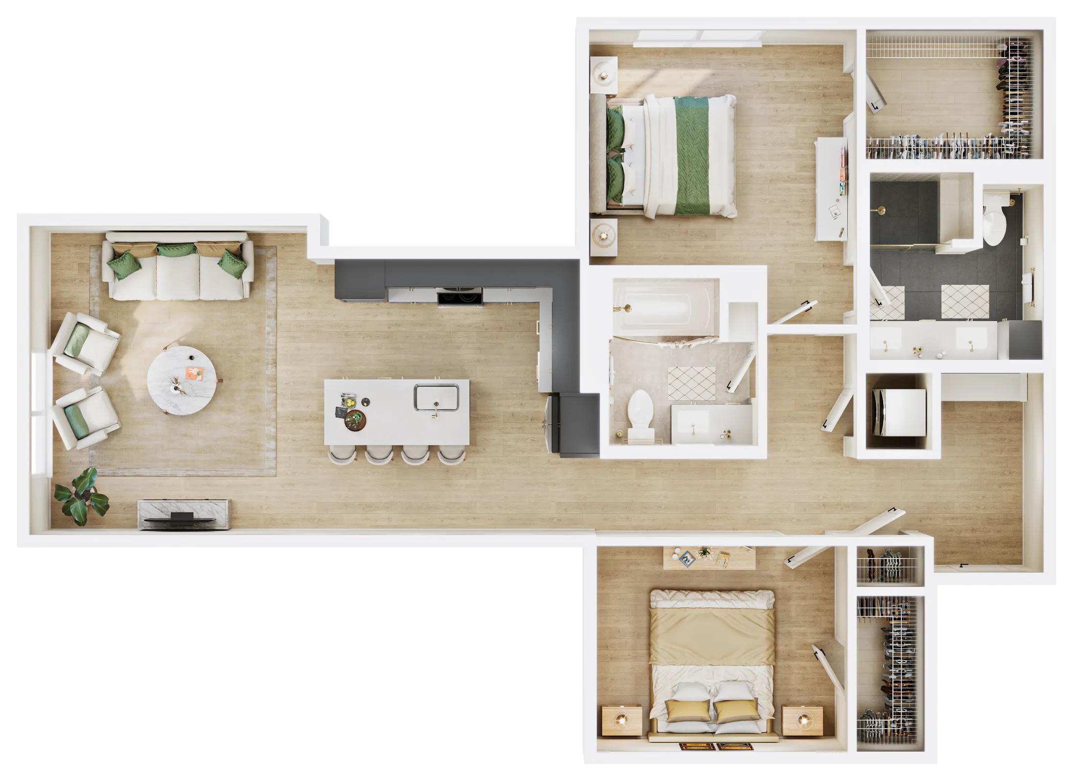 1235 square foot two bed two and a half bath apartment floor plan in image