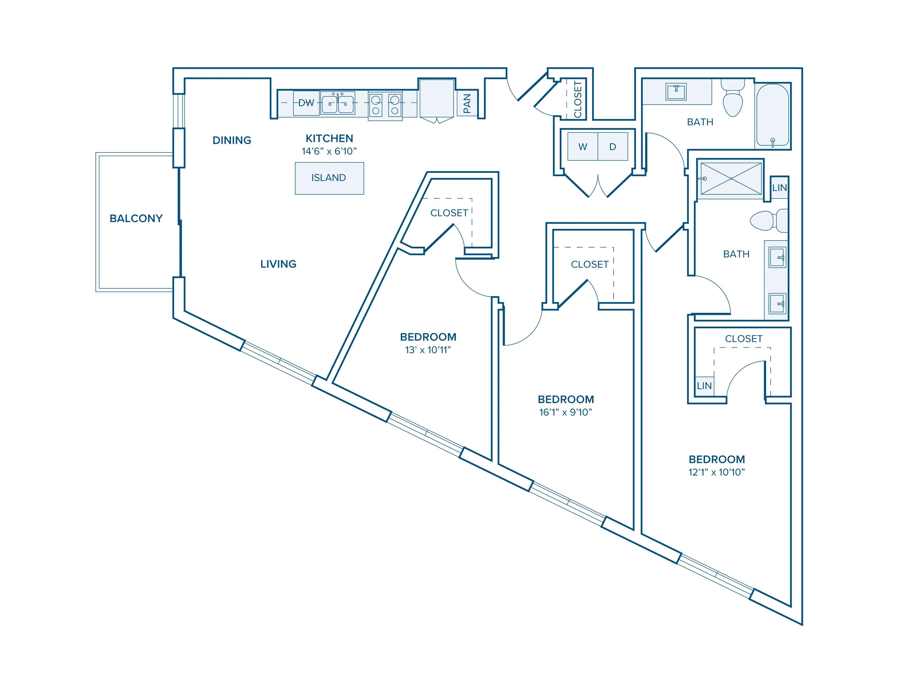 1324 square foot three bedroom two bath apartment floorplan image
