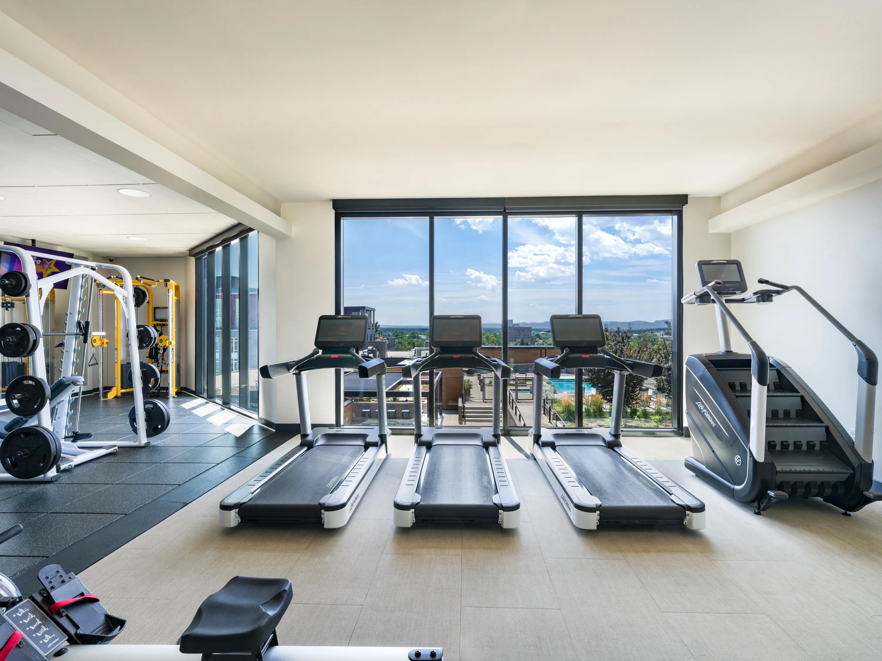 Weight and cardio stations with a view over the pool and skyline