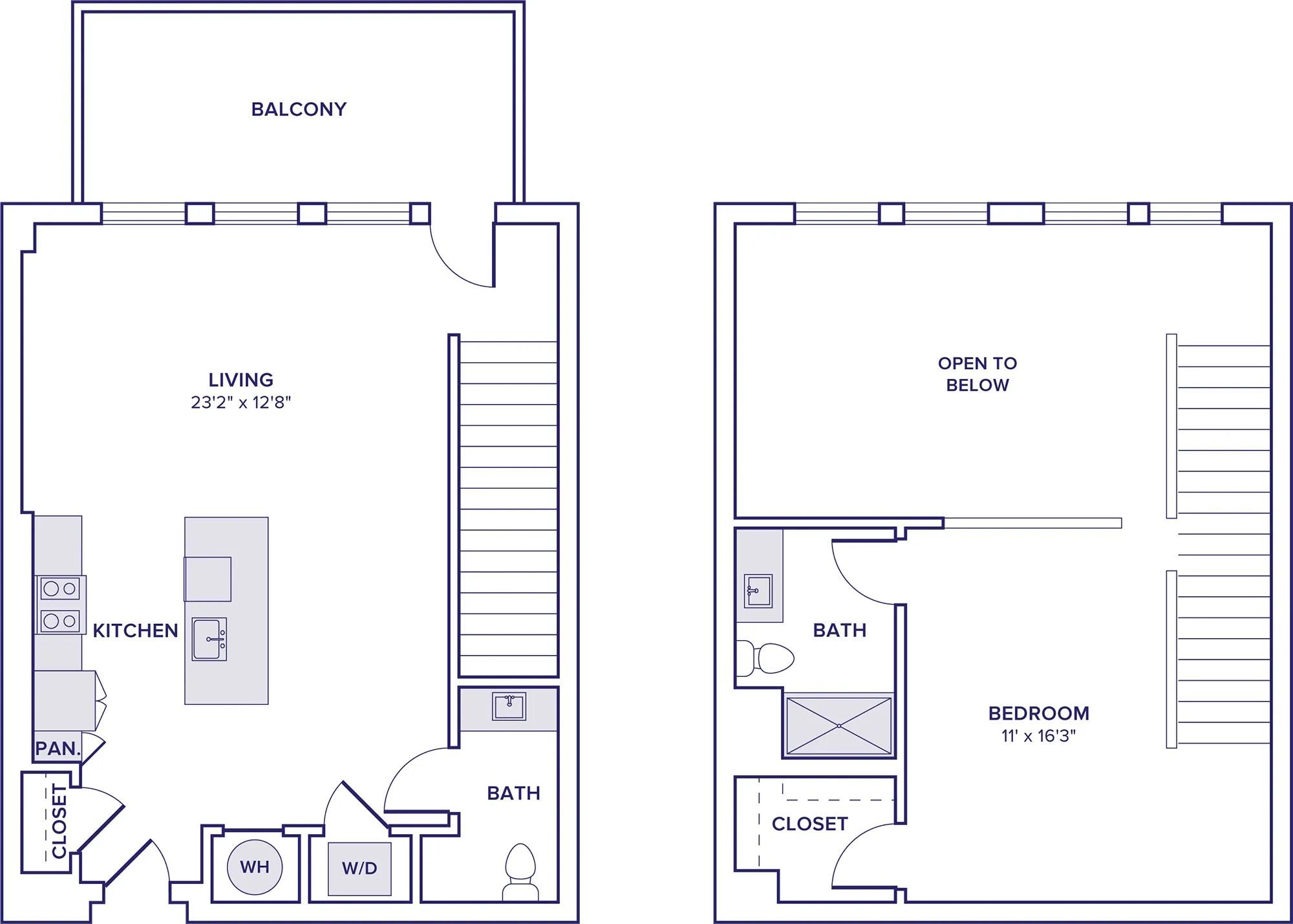 1092 square foot one bedroom one and a half bath townhome floor plan image