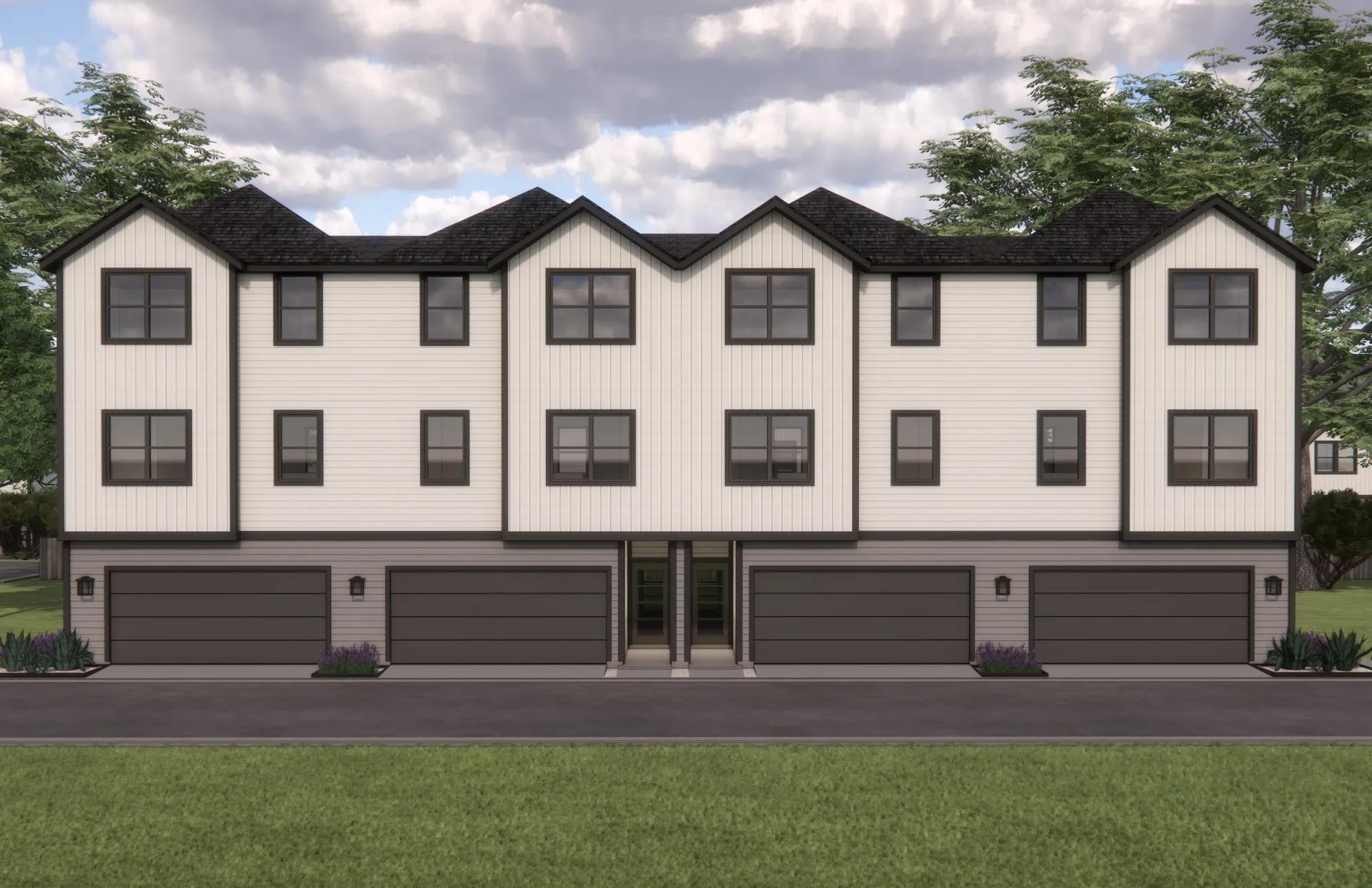 Three-story Amavi NW Austin building with peaked rooflines, cream siding, and four attached garages along a paved drive Amavi NW Austin homes for rent