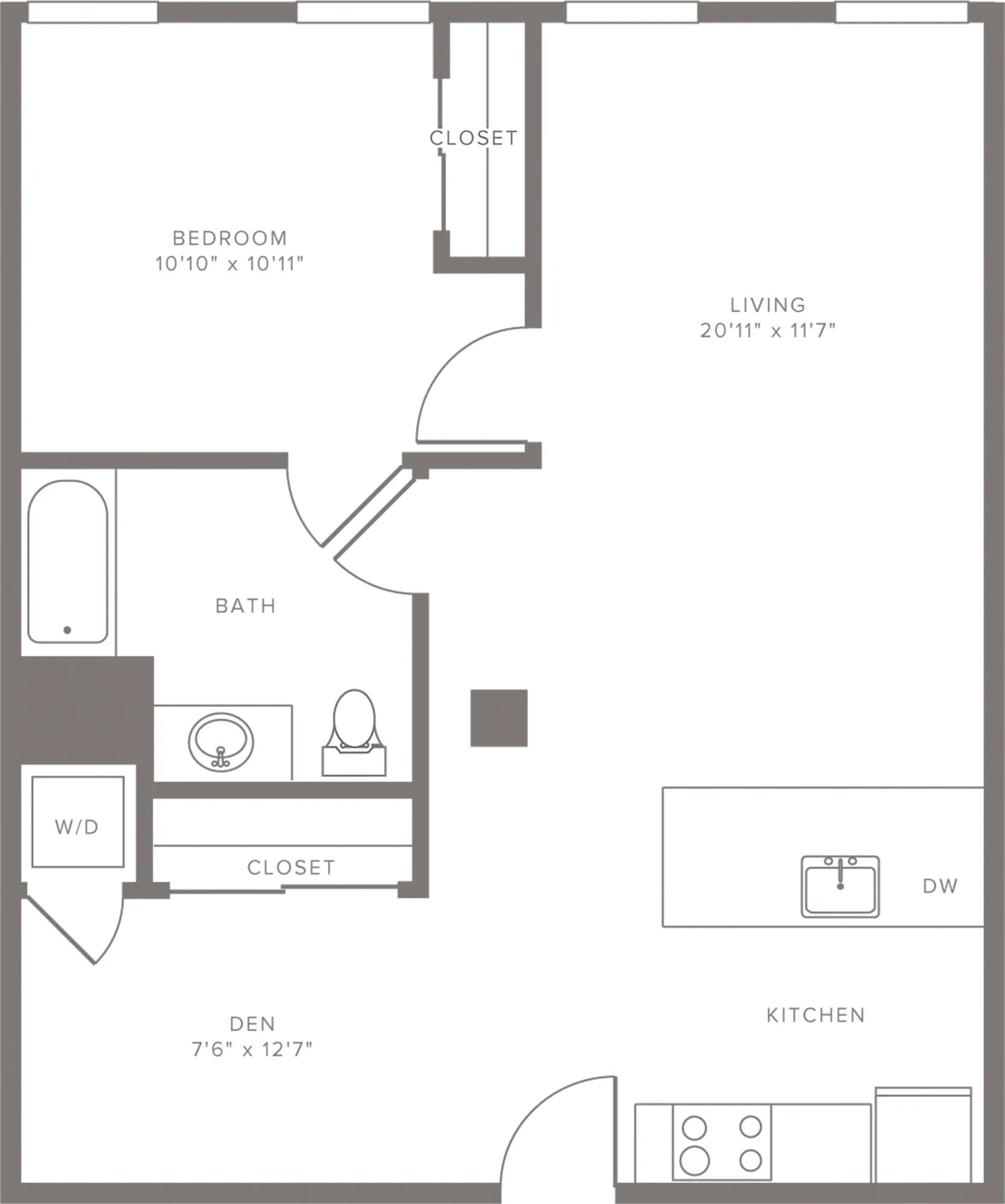 805 square foot one bedroom one bath with den apartment floorplan image