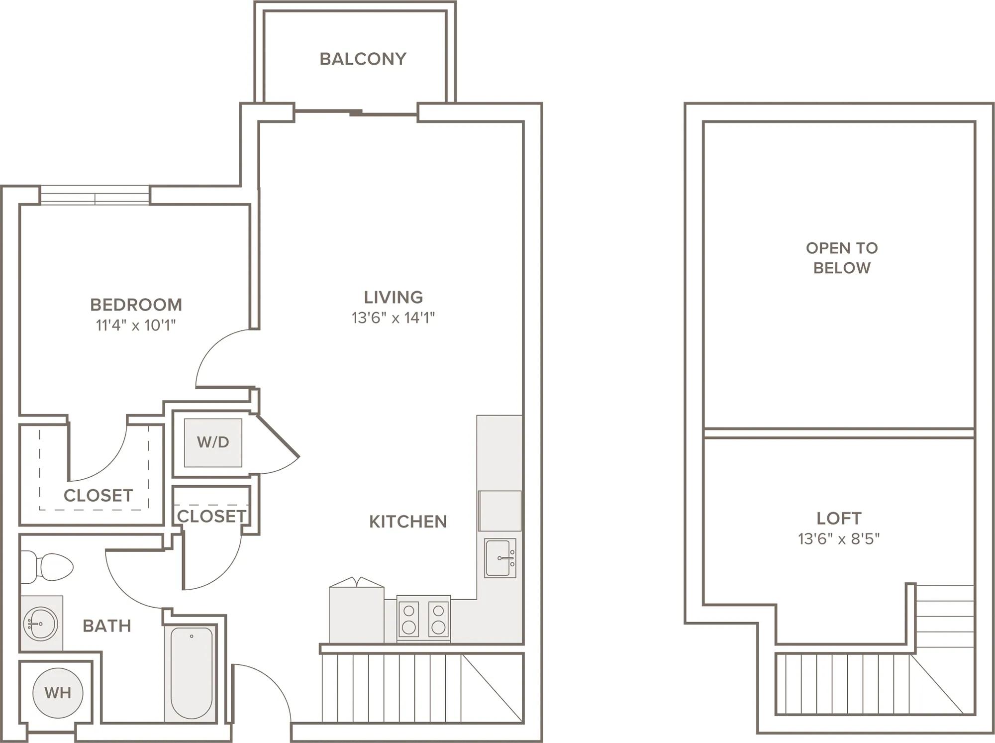 854-890 square foot one bedroom one bath with loft apartment floorplan image