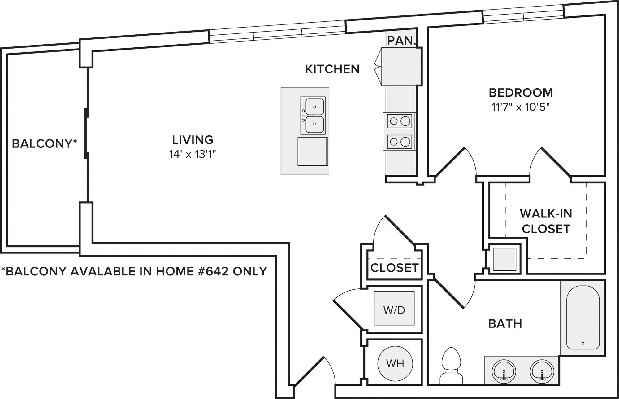 893 square foot one bedroom one bath apartment floorplan image