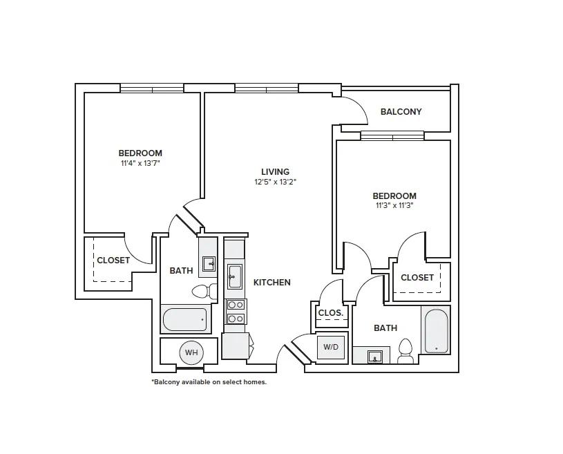858 square foot two bedroom two bath apartment floorplan image