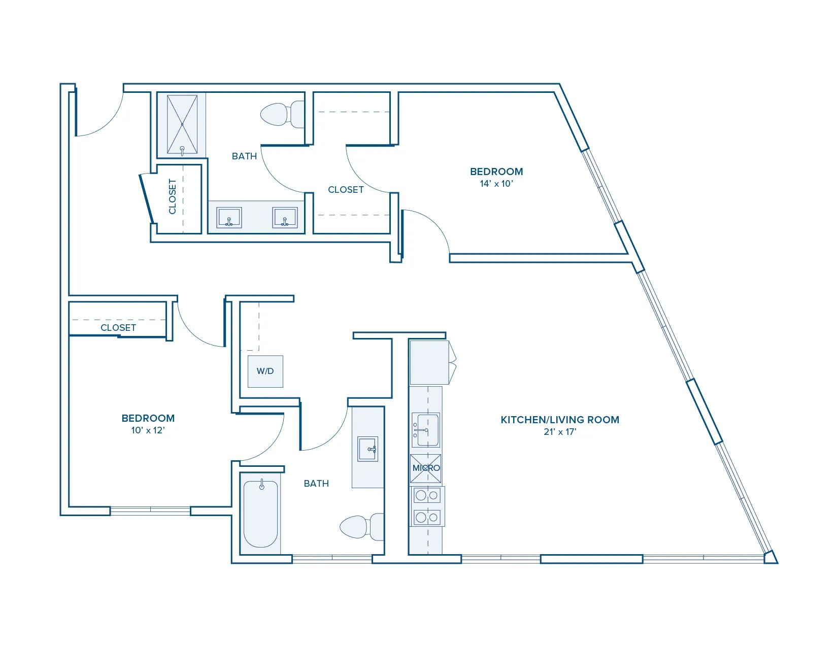1092 square foot two bed two bath floor plan in Beaverton, OR