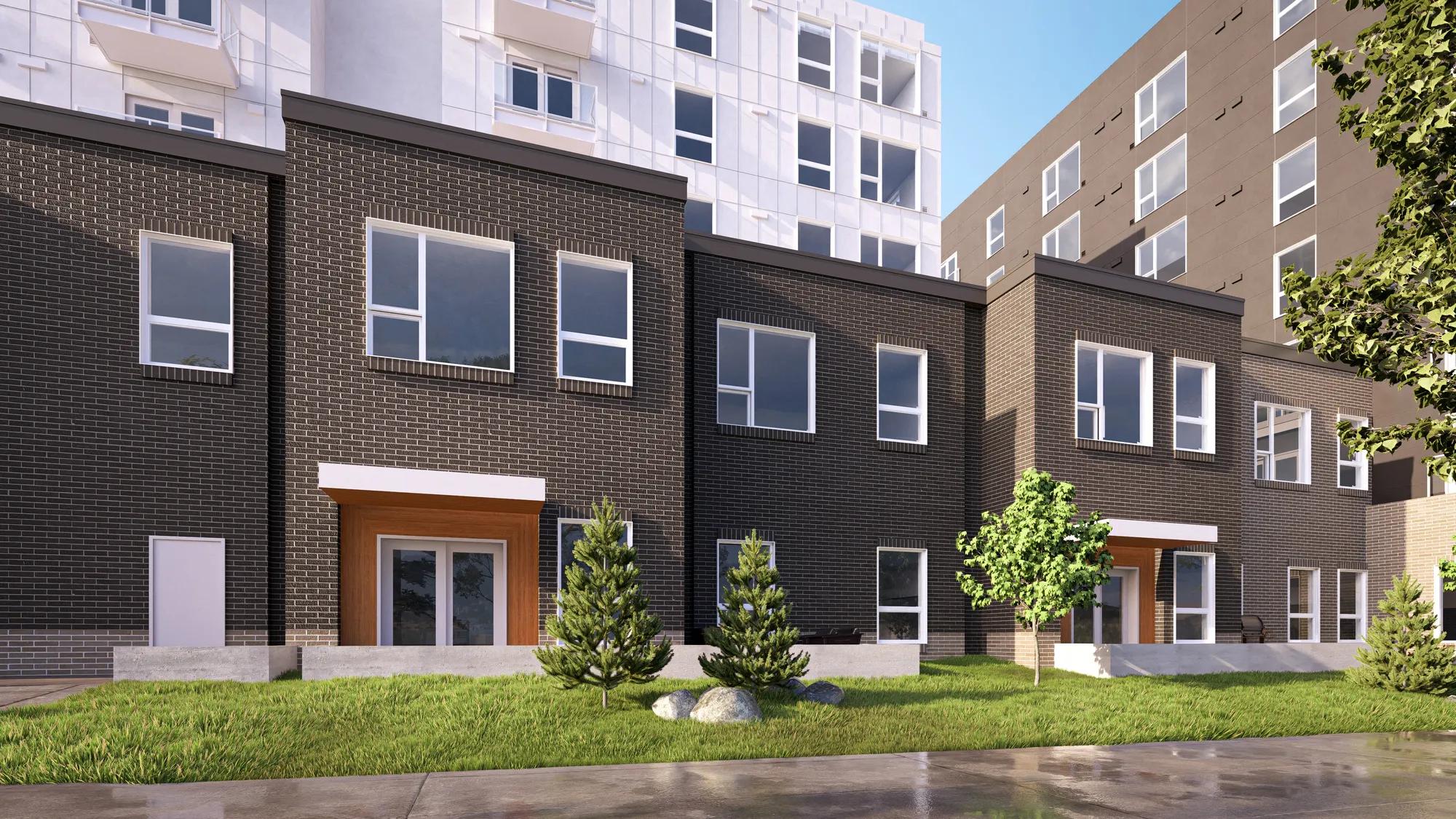 entrance to apartment building with with landscaping rendering at modera shoreline apartment homes for rent in wa